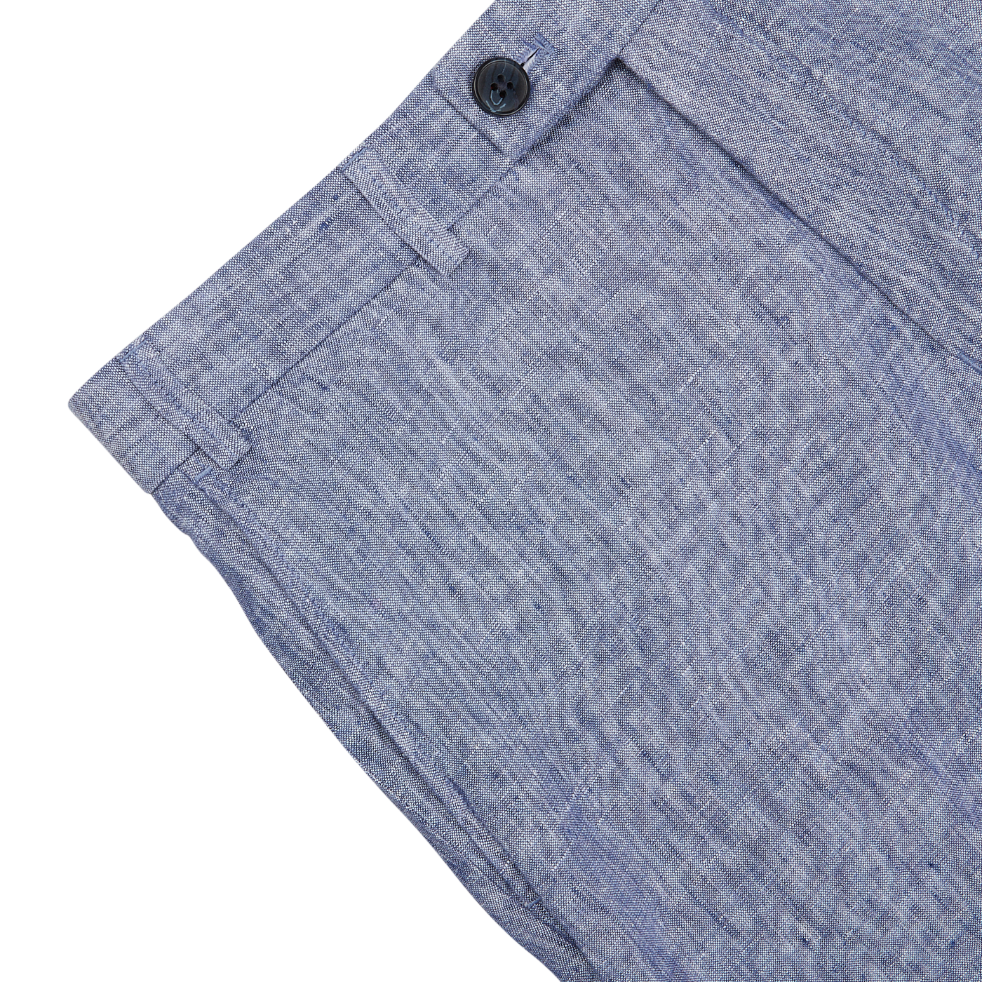 Close-up of a Hiltl Light Blue Washed Linen Regular Fit Chinos with a detailed view of the button and stitch work on a gray background.