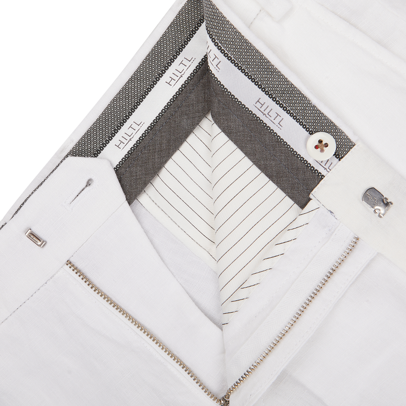 Close-up of a white dress shirt collar and placket details, showcasing buttons, stitching, and inner collar design with Hiltl white washed linen regular fit chinos fabric.