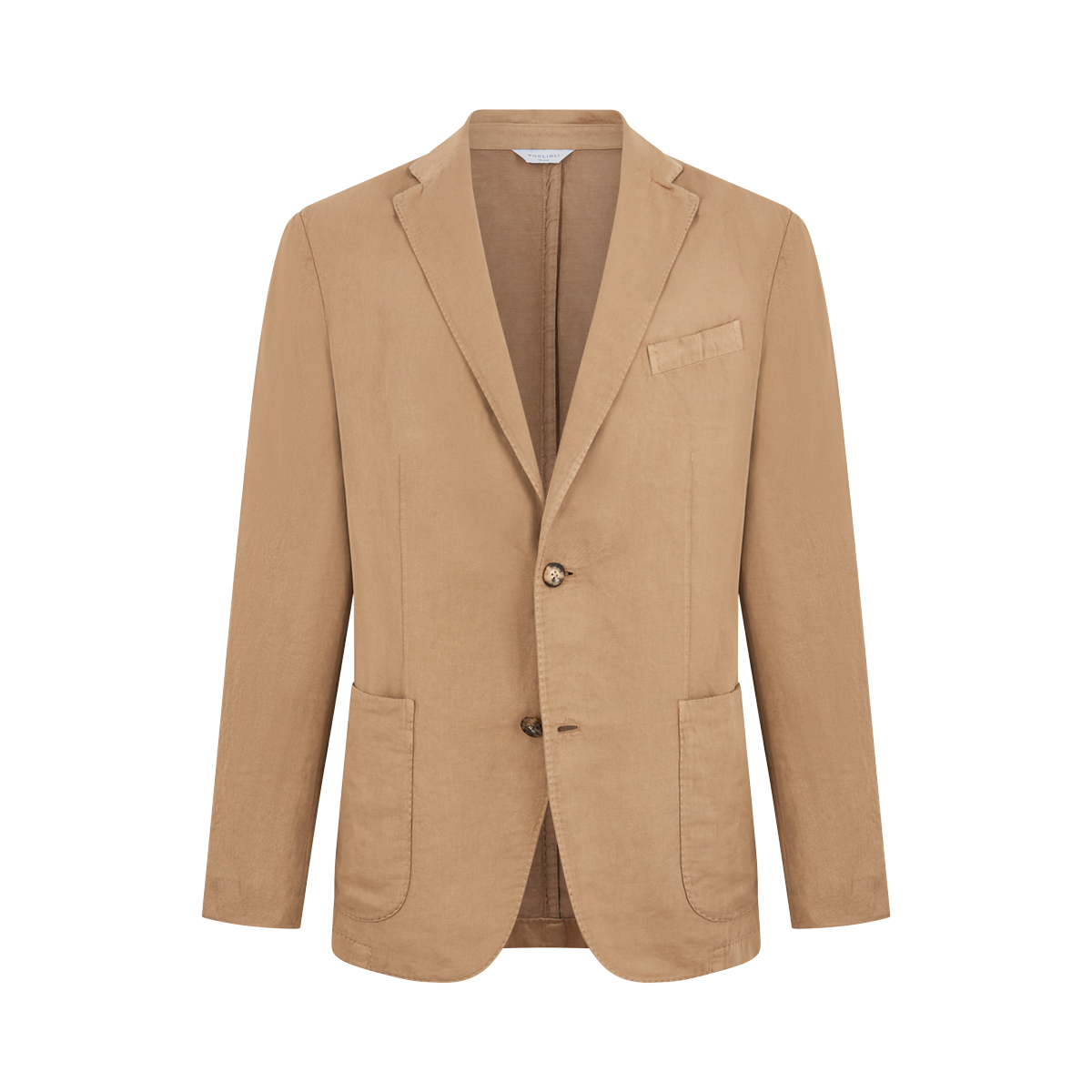 The Boglioli Camel Beige Satin Cotton/Linen Jacket is a neatly tailored, single-breasted blazer with notched lapels, two front buttons, a left chest pocket, and two large patch pockets. Displayed unbuttoned on a white background. , available at Richard Gelding Mayfair