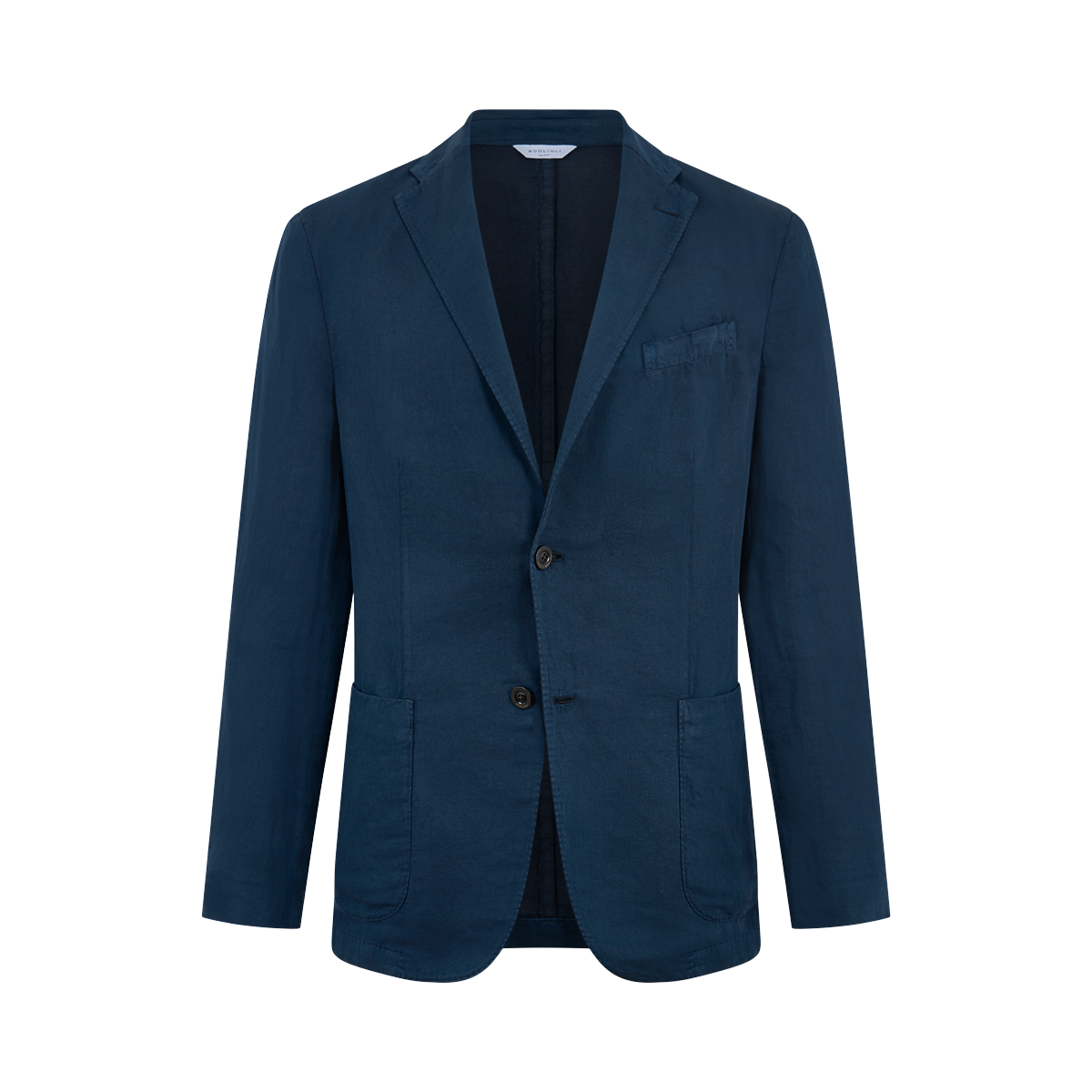 The Boglioli Navy Blue Satin Cotton/Linen Jacket is single-breasted with two buttons, notched lapel, and three front pockets—one chest and two lower patch pockets. Tailored modern fit with long sleeves, shown on a white background. , available at Richard Gelding Mayfair