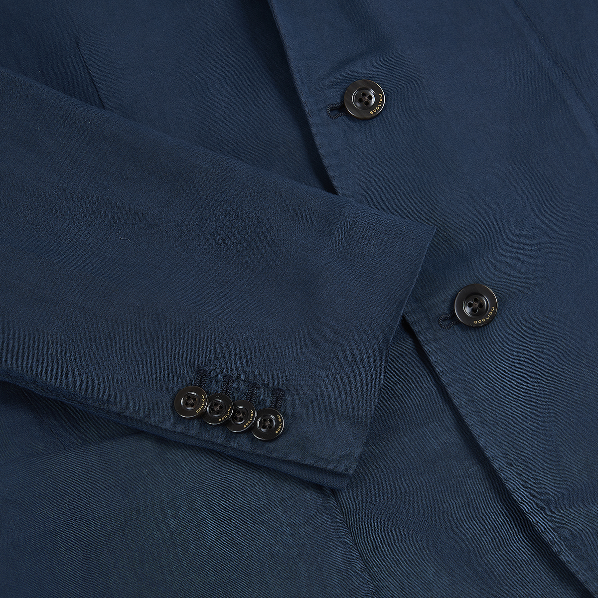 Close-up of a Boglioli Navy Blue Satin Cotton/Linen Jacket, featuring four black cuff buttons and two on the front. The smooth, slightly shiny fabric has visible stitching around the buttons and edges. , available at Richard Gelding Mayfair
