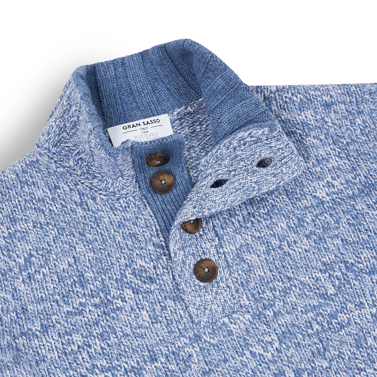 Sky Blue 5-ply Mouline Wool Button Neck Sweater