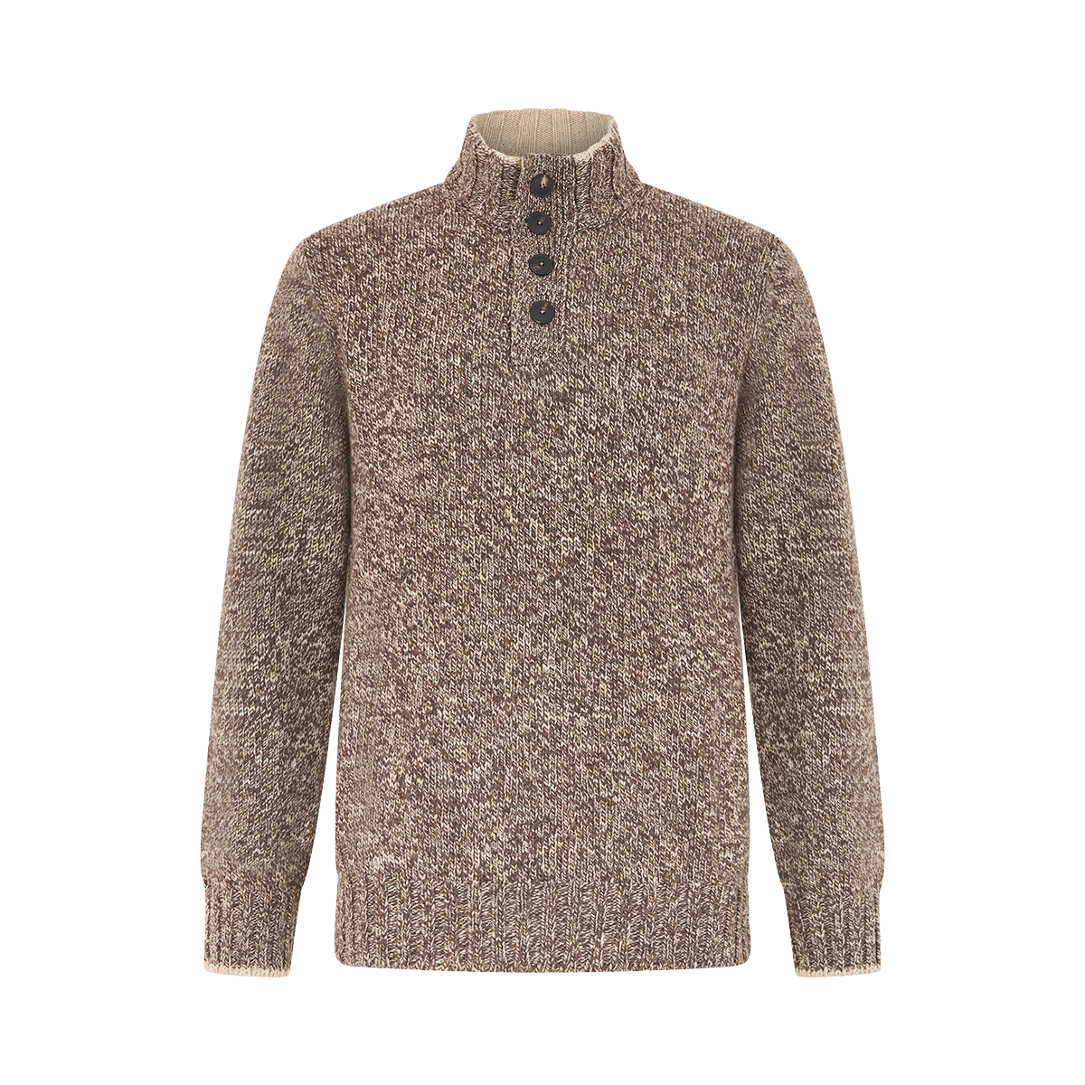 Taupe Beige 5-ply Mouline Wool Button Neck Sweater