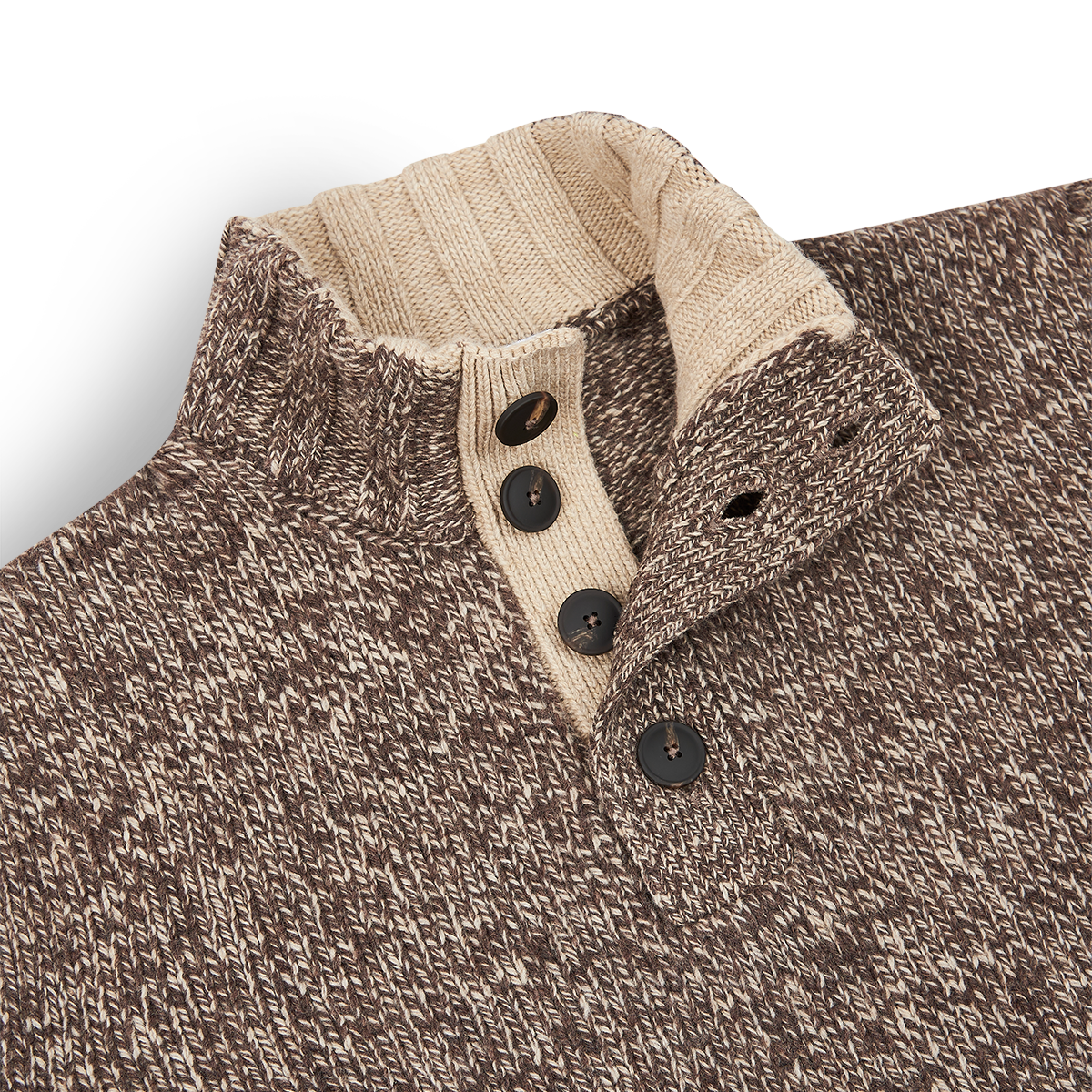 Taupe Beige 5-ply Mouline Wool Button Neck Sweater