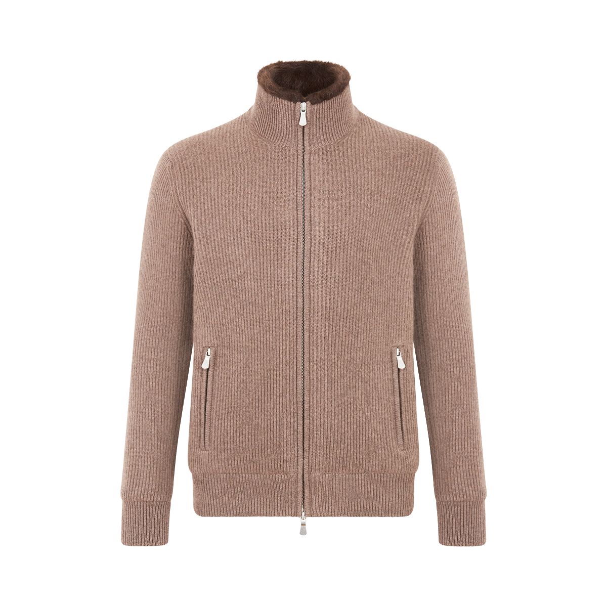 Brown Cashmere Cardigan with Faux Fur Lining