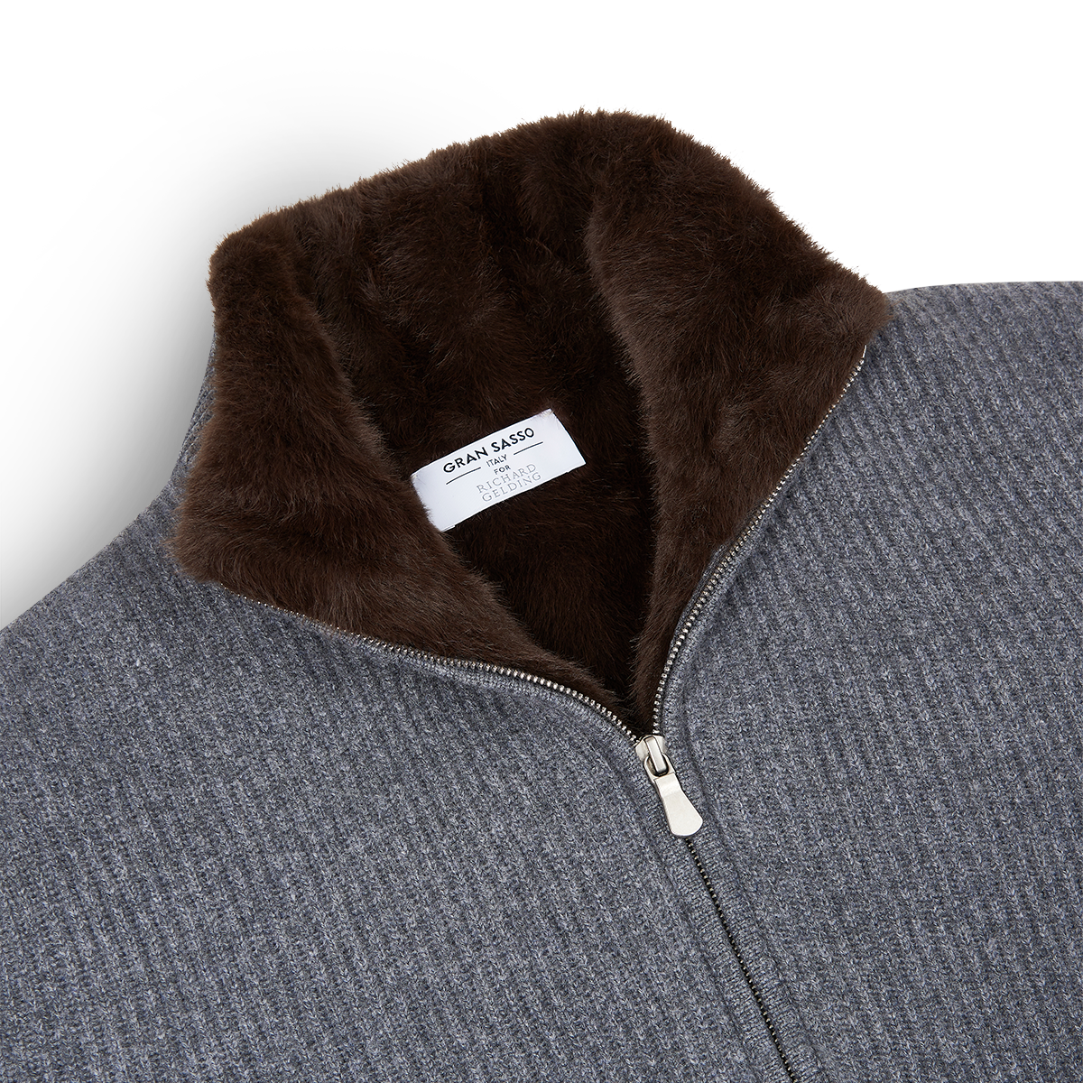 Grey Cashmere Zip Cardigan with Brown Faux Fur Lining