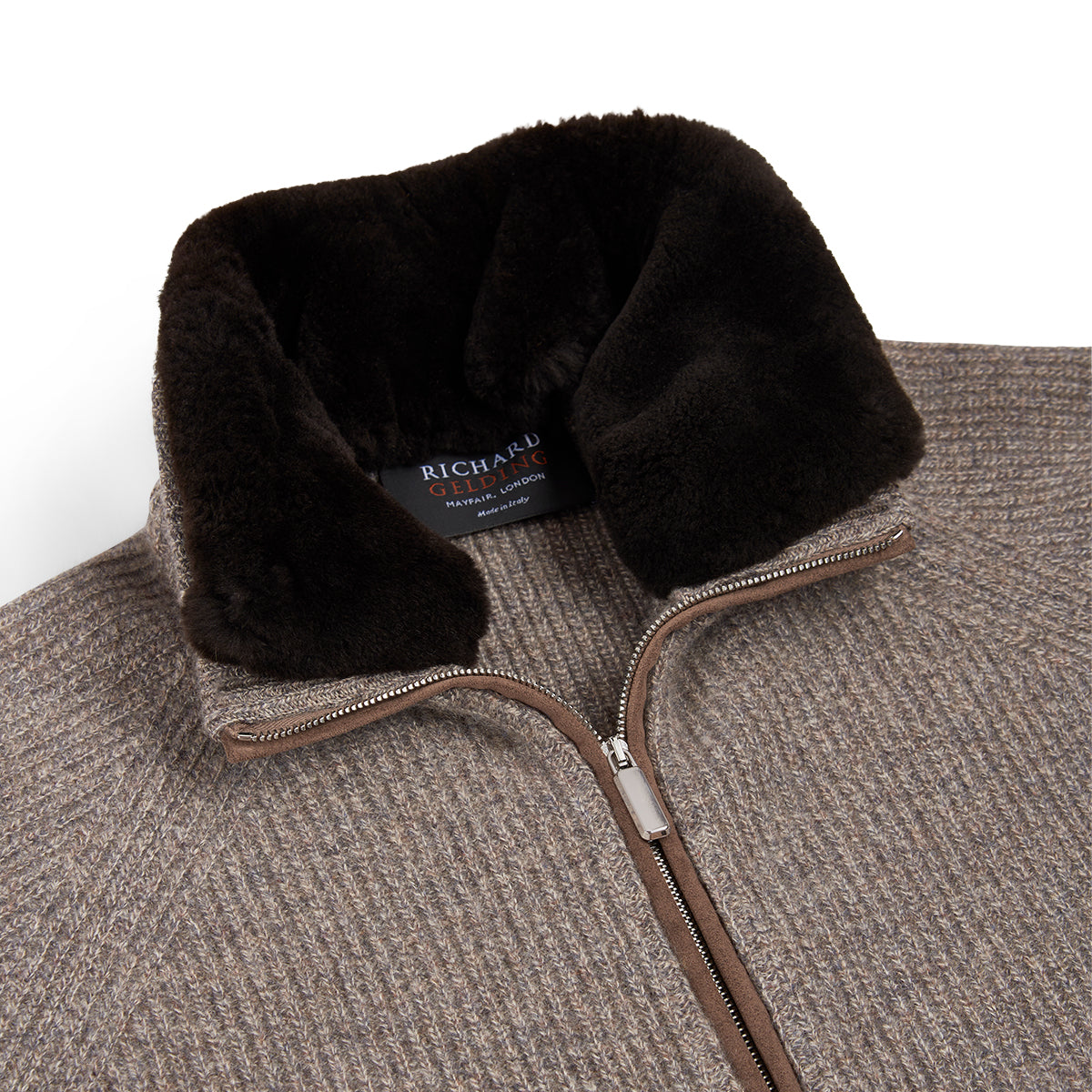 Taupe Beige Fur Collar Cashmere Cardigan