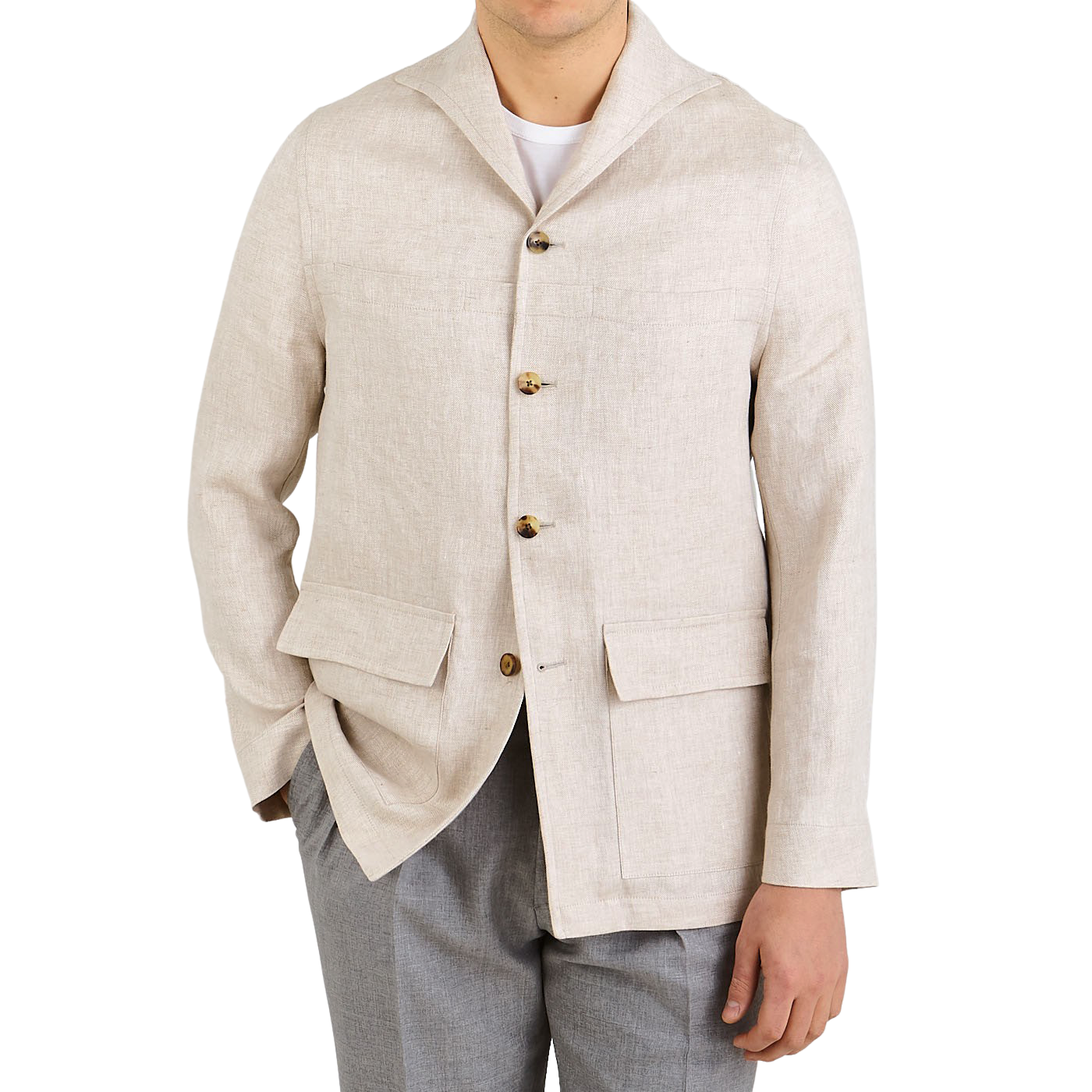 Lardini Beige Linen Herringbone Safari Jacket Front