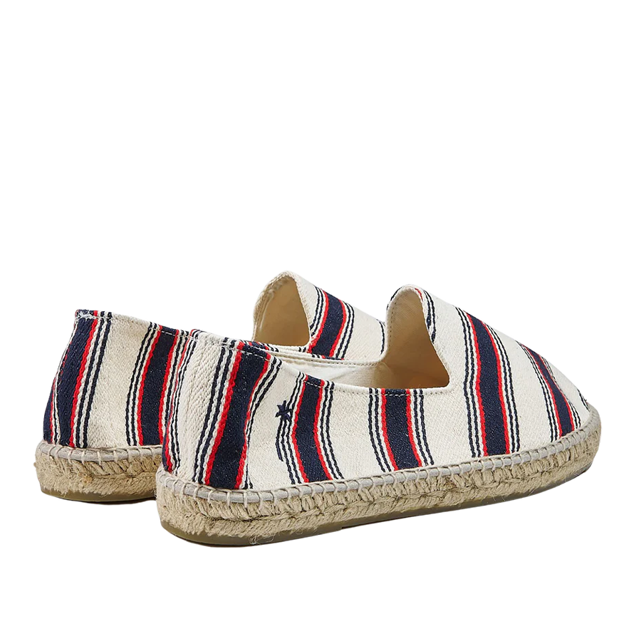 Pair of Red Navy Striped Portofino Cotton Espadrilles by Manebi on a white background.