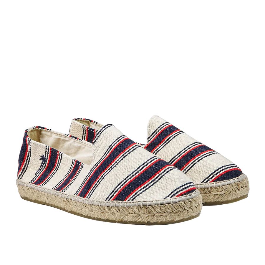 A pair of striped Manebi Red Navy Striped Portofino Cotton Espadrilles on a transparent background.