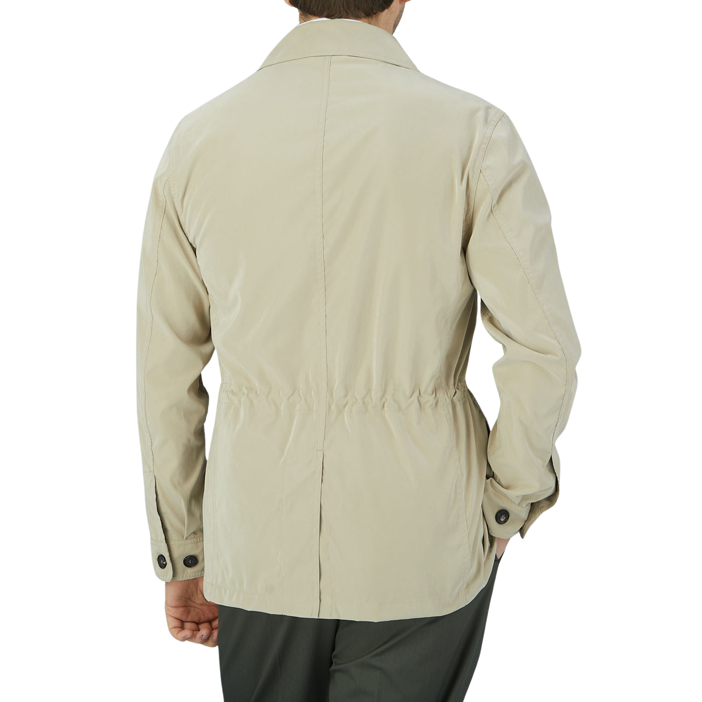 The slim fit man wearing a Manto Khaki Beige Ultrafine Microfiber Safari Jacket.