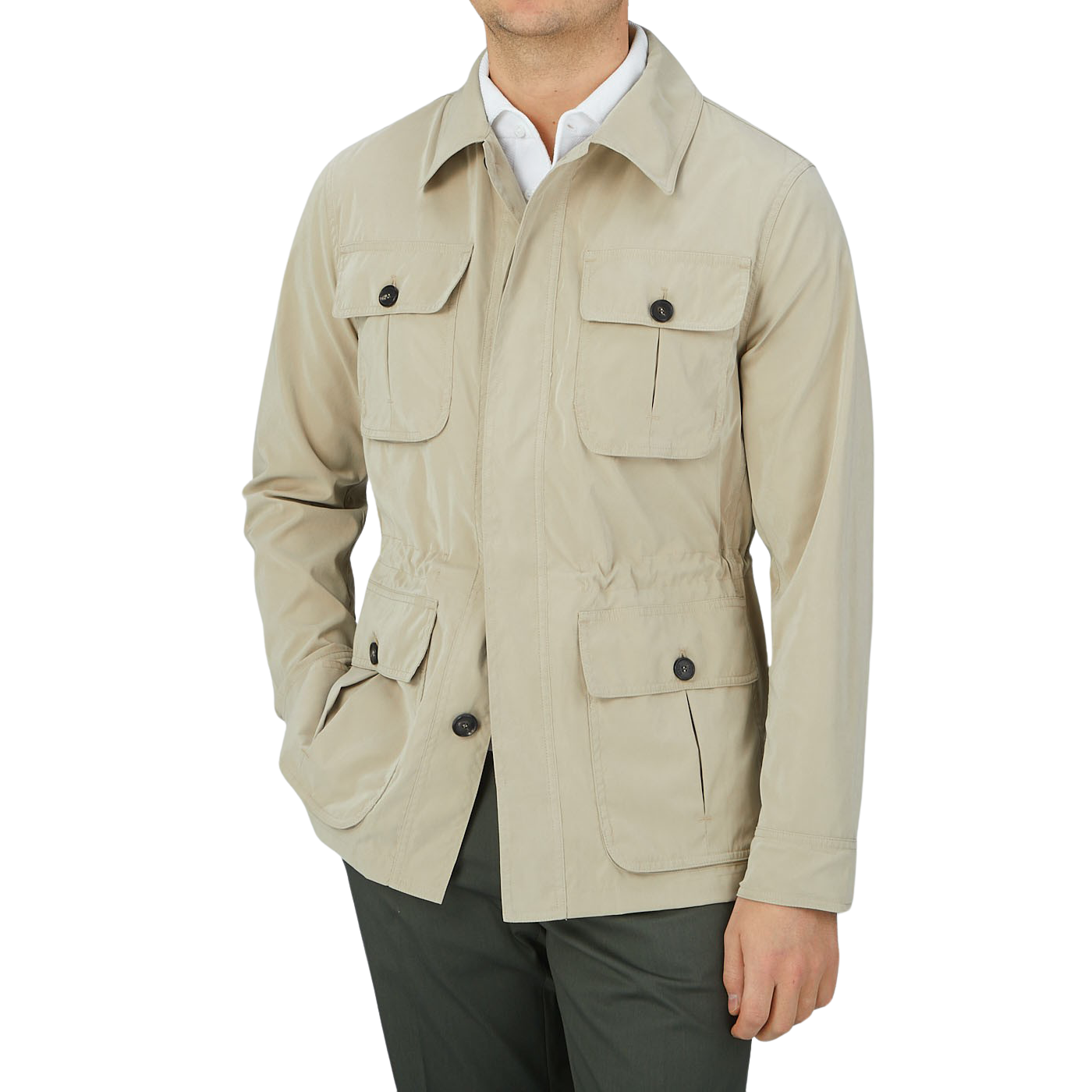 A man wearing a Manto Khaki Beige Ultrafine Microfiber Safari Jacket, which is wind and water-resistant.