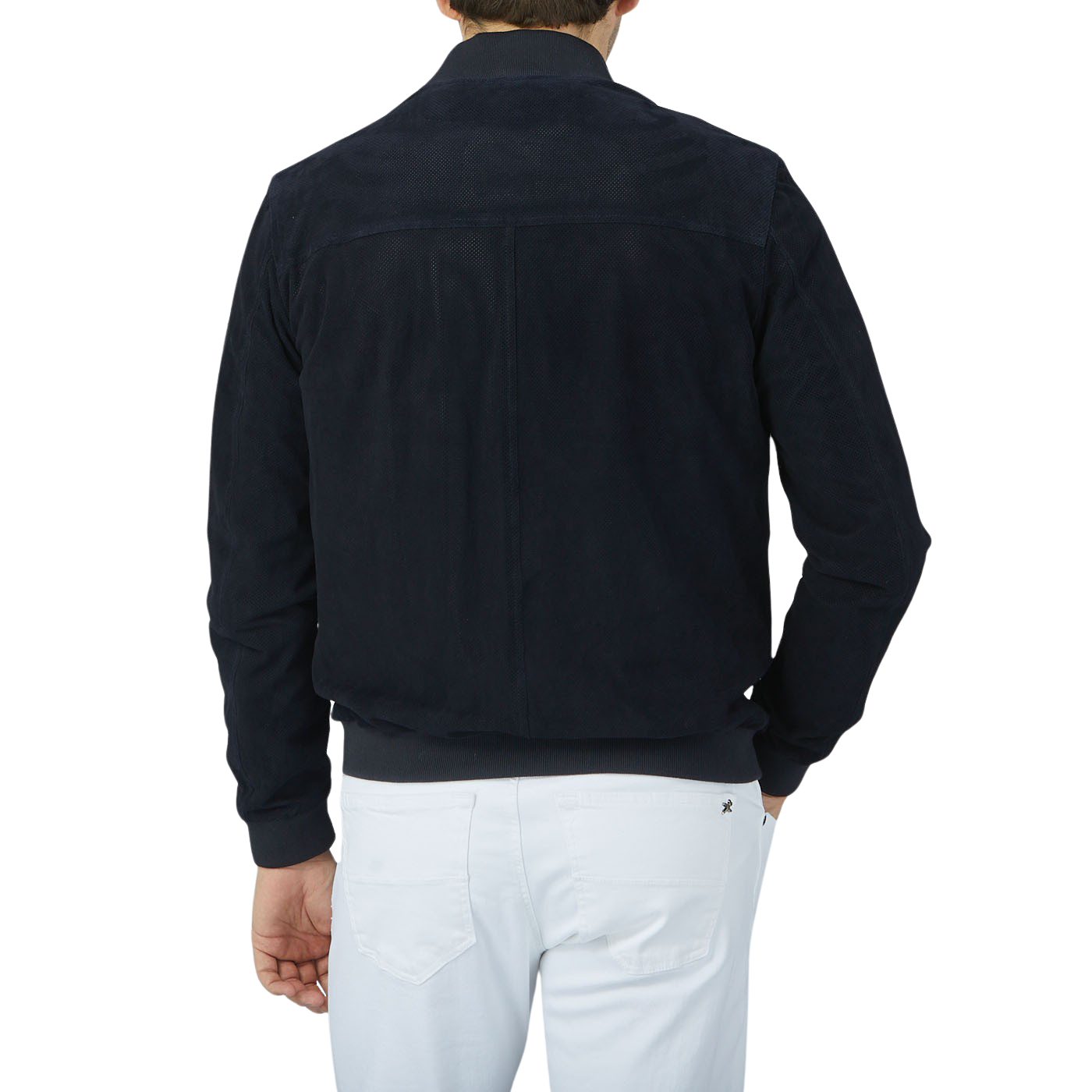 The back view of a man wearing a Manto Navy Blue Perforated Suede Leather Blouson.