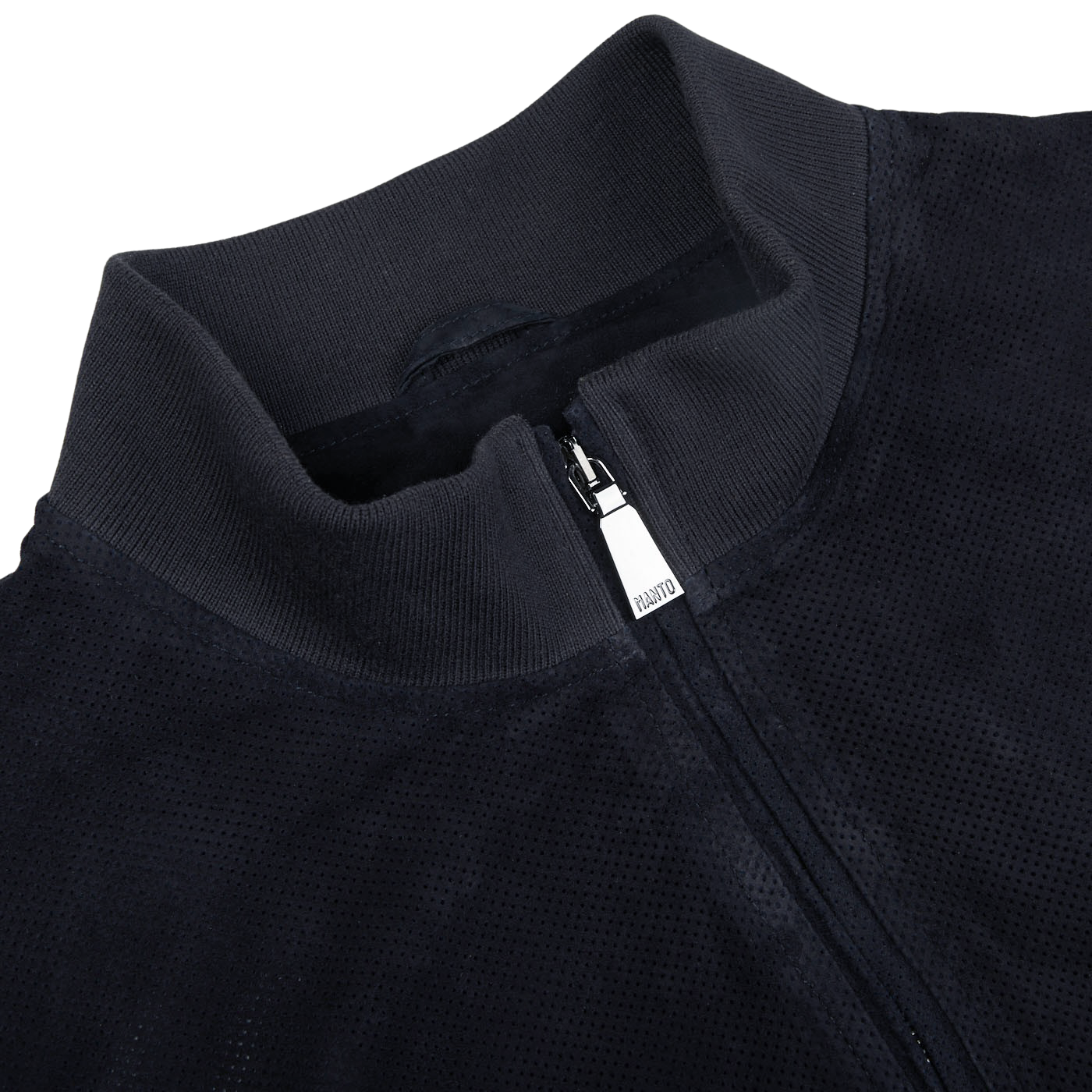 A close up of a Manto navy blue perforated suede leather blouson jacket.