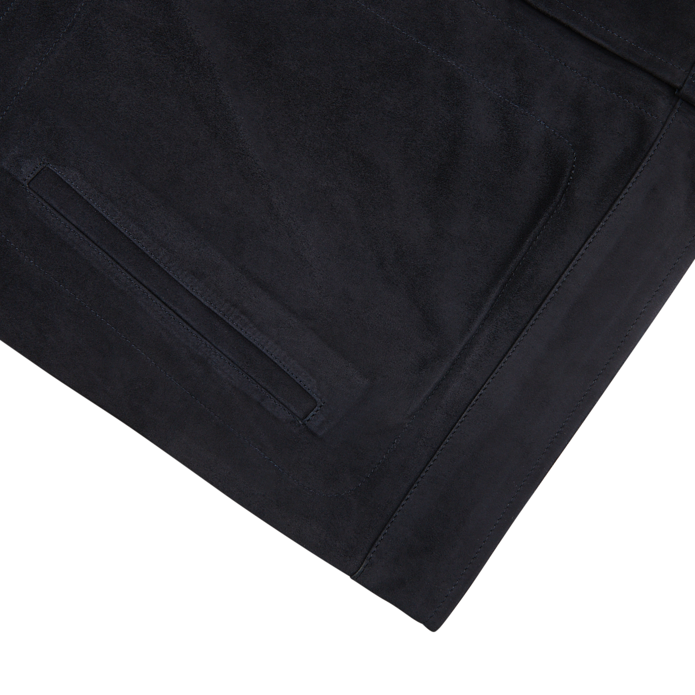 A close up of a Manto navy blue suede leather overshirt.