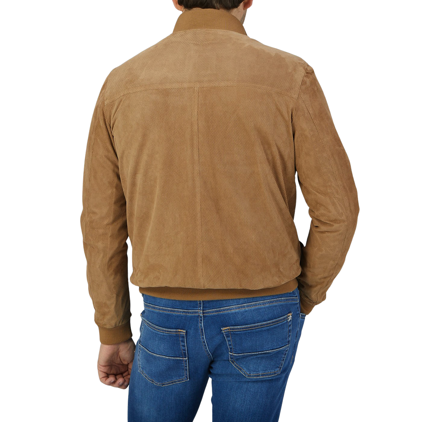 A man wearing a Tobacco Brown Perforated Suede Leather Blouson by Manto.