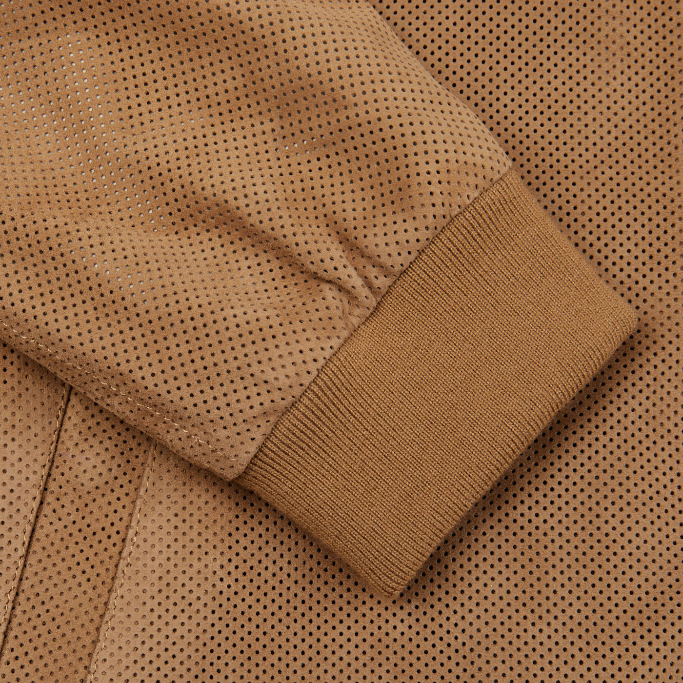 A close up of a Manto Tobacco Brown Perforated Suede Leather Blouson jacket.
