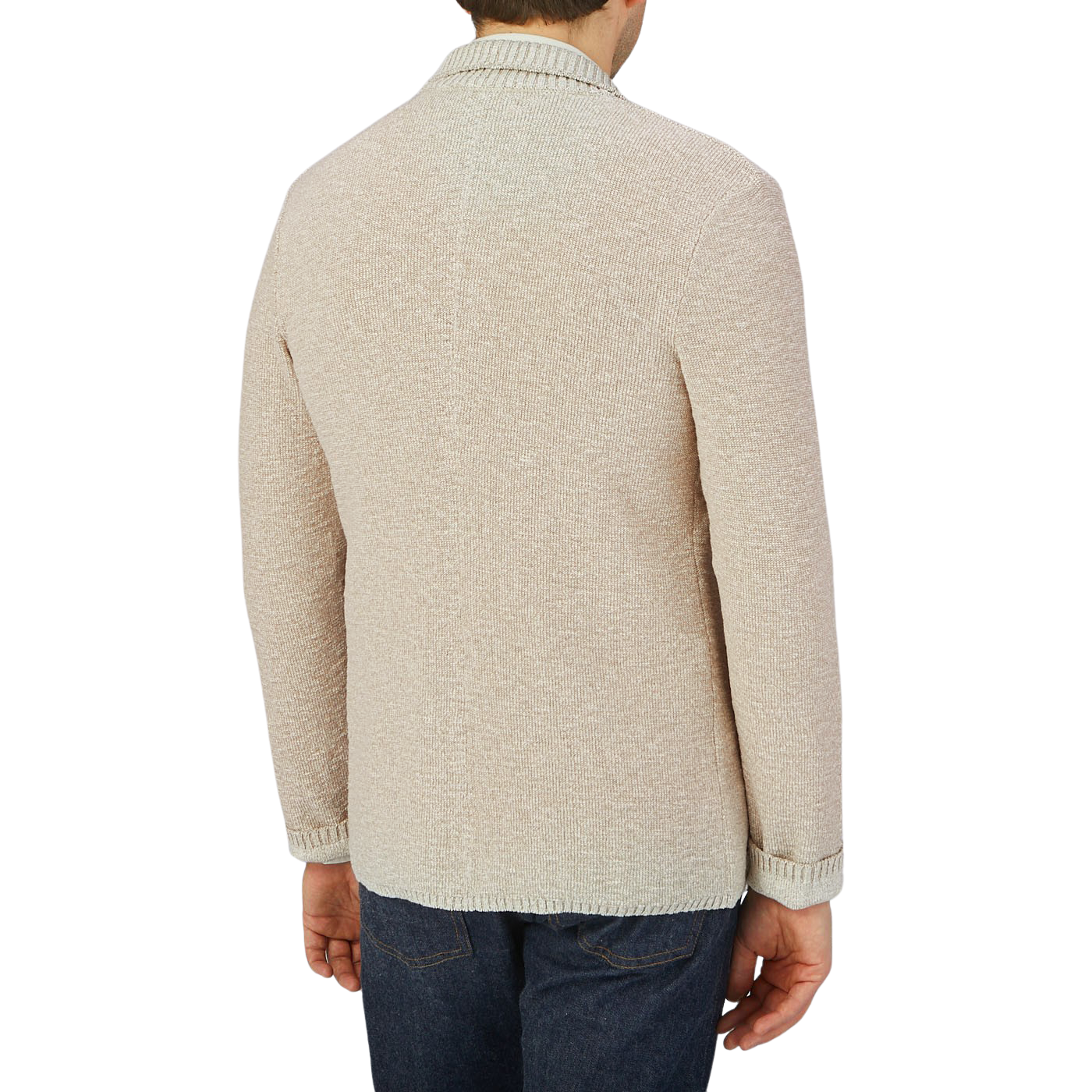 The back view of a man wearing a Maurizio Baldassari Beige Melange Cotton Mouline Knitted Jacket.