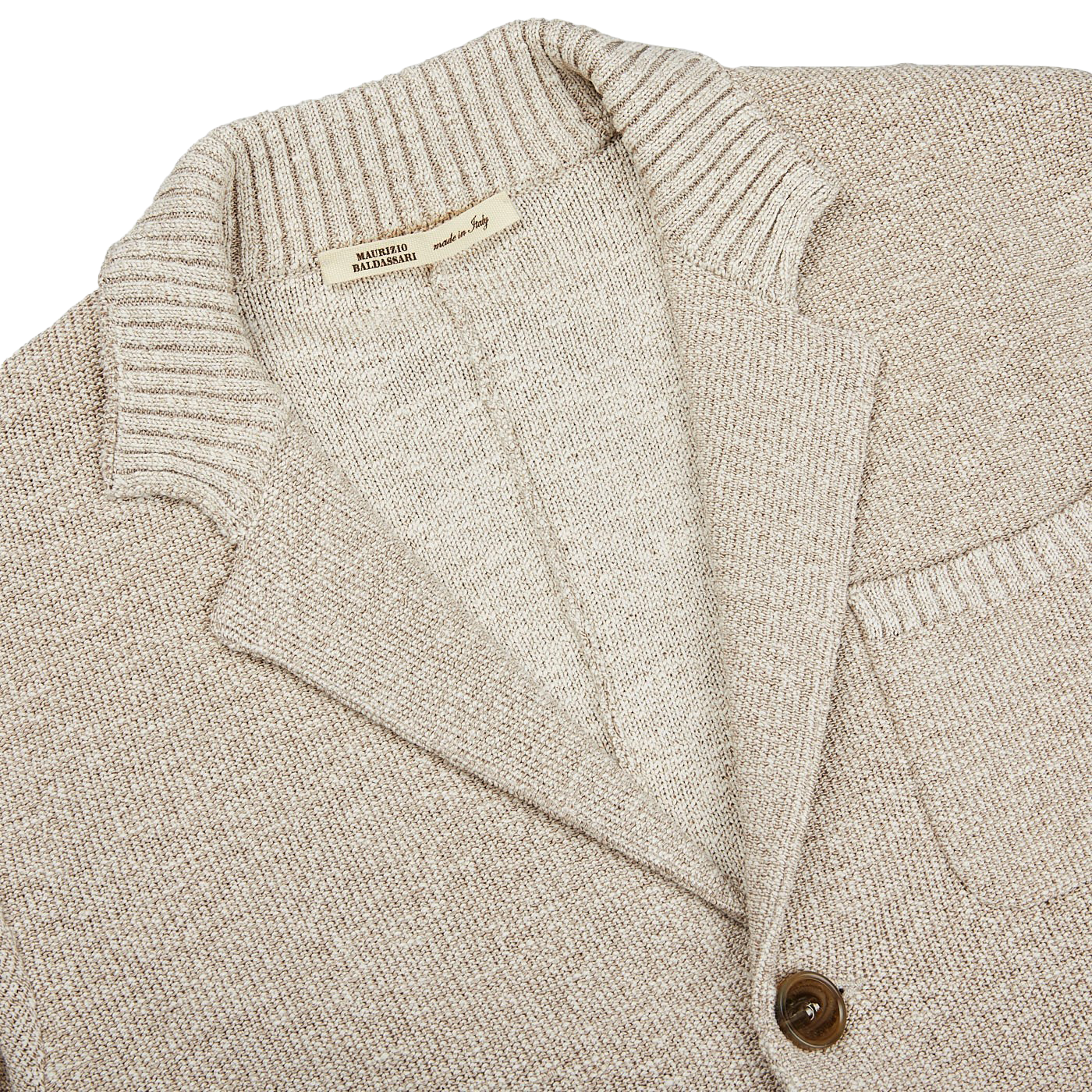A Maurizio Baldassari Beige Melange Cotton Mouline slim fit knitted jacket with a button down collar.