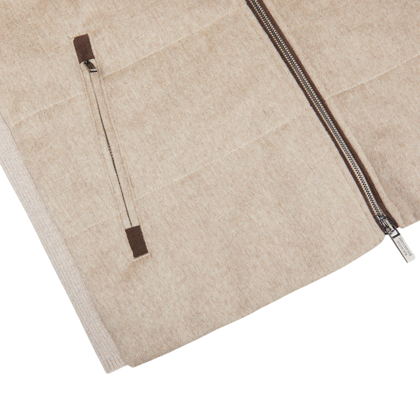 A contemporary Beige Water Repellent Pure Cashmere Gilet by Maurizio Baldassari with brown zippers.
