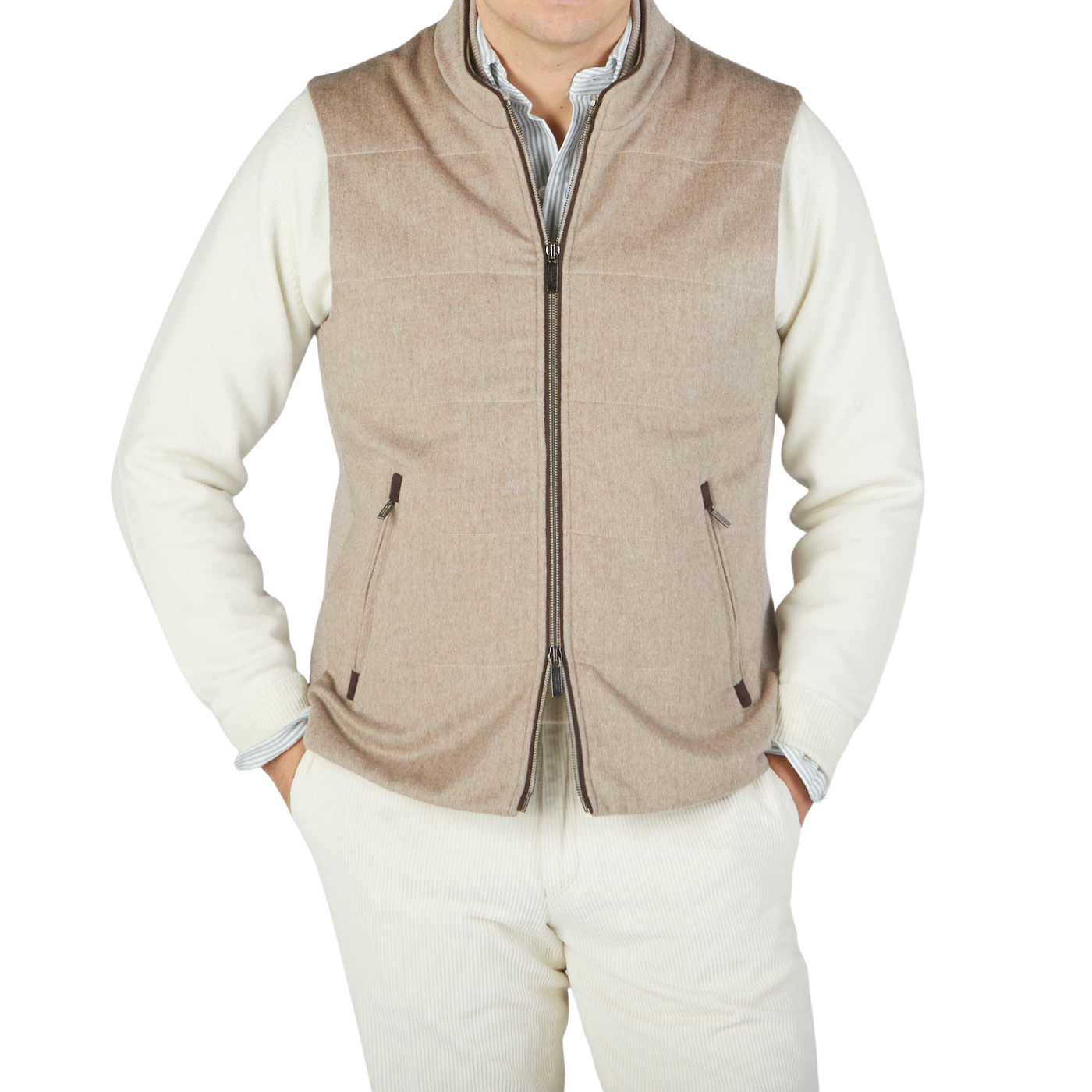 A contemporary Beige Water Repellent Pure Cashmere Gilet - Maurizio Baldassari.