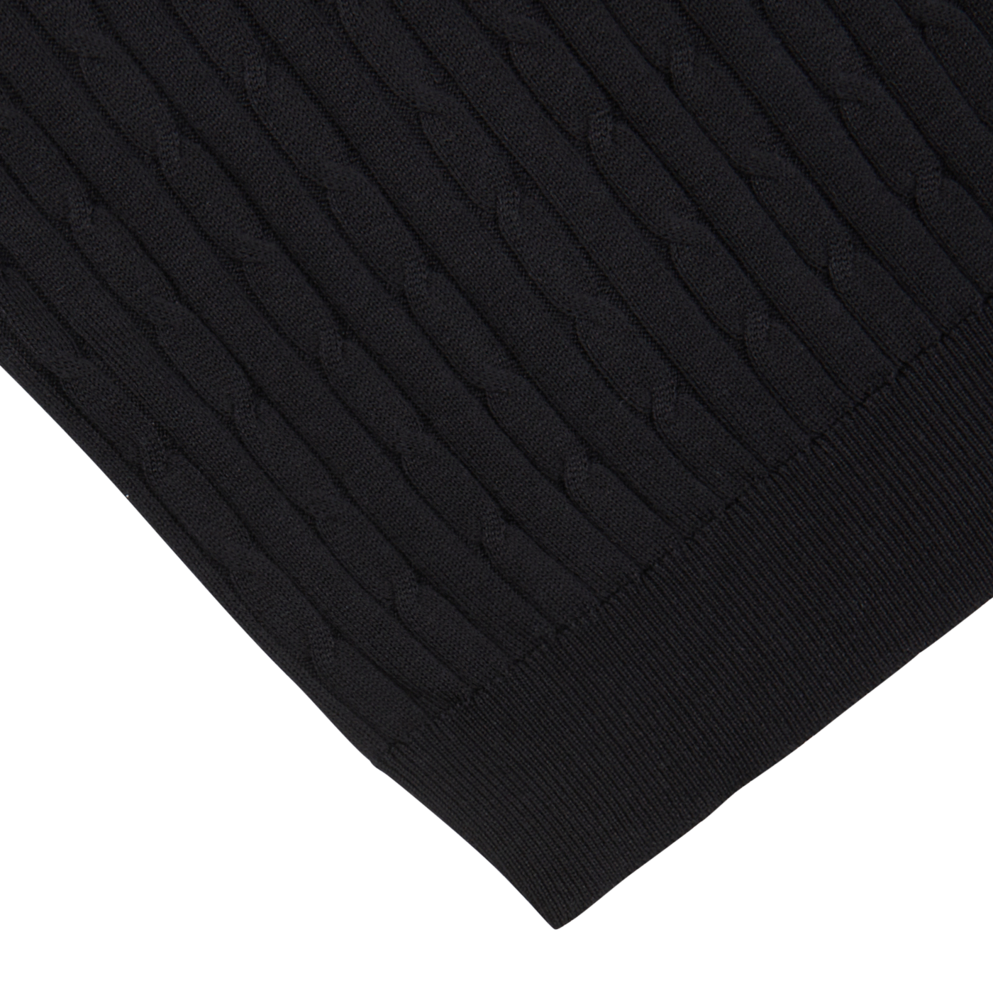 Close-up of a Maurizio Baldassari Black Cotton Silk Cable-Knit 1/4 Zip Sweater fabric with a ribbed and cable pattern, on a white background.