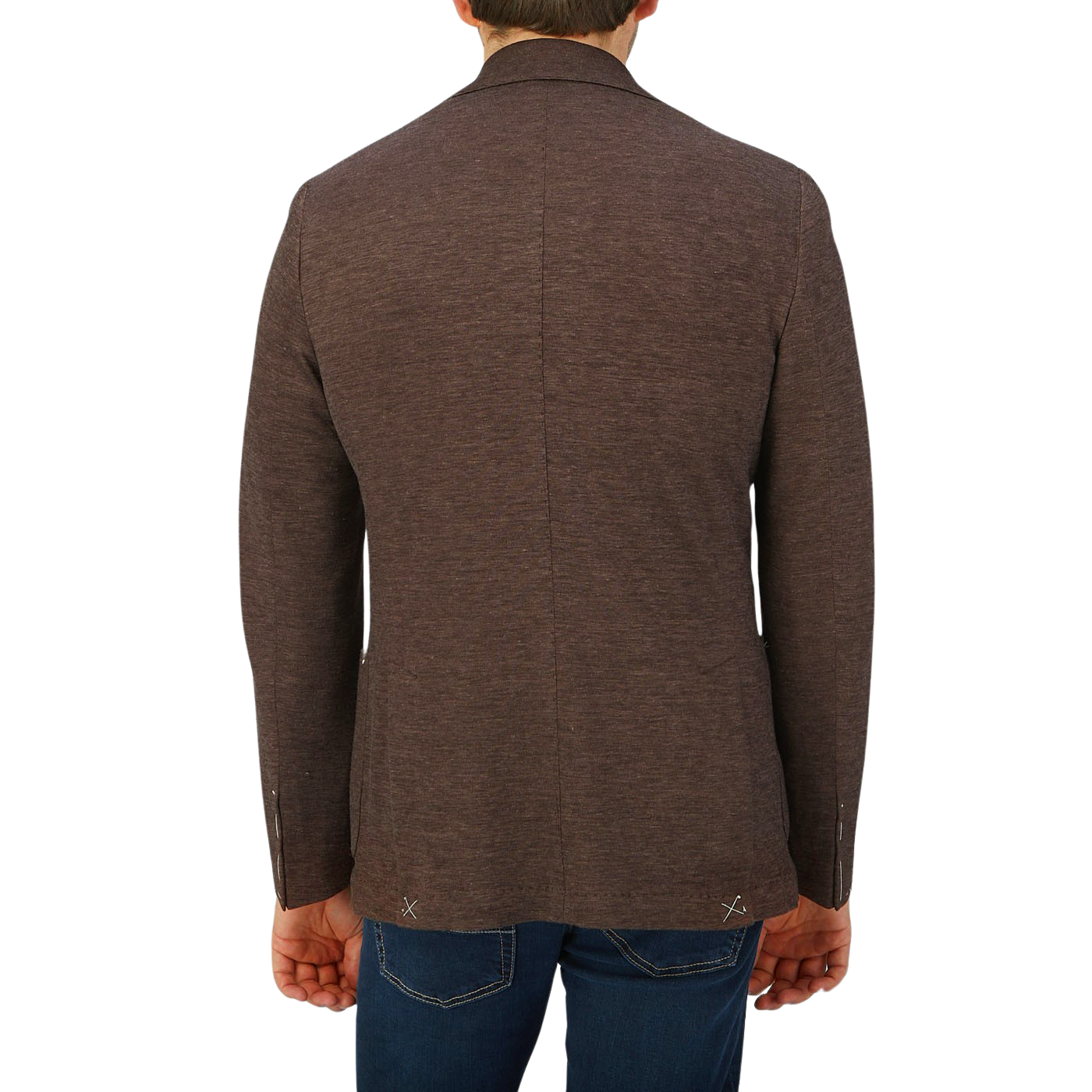 The back view of a man wearing a Maurizio Baldassari Brown Melange Wool Linen Silk Jersey Blazer.