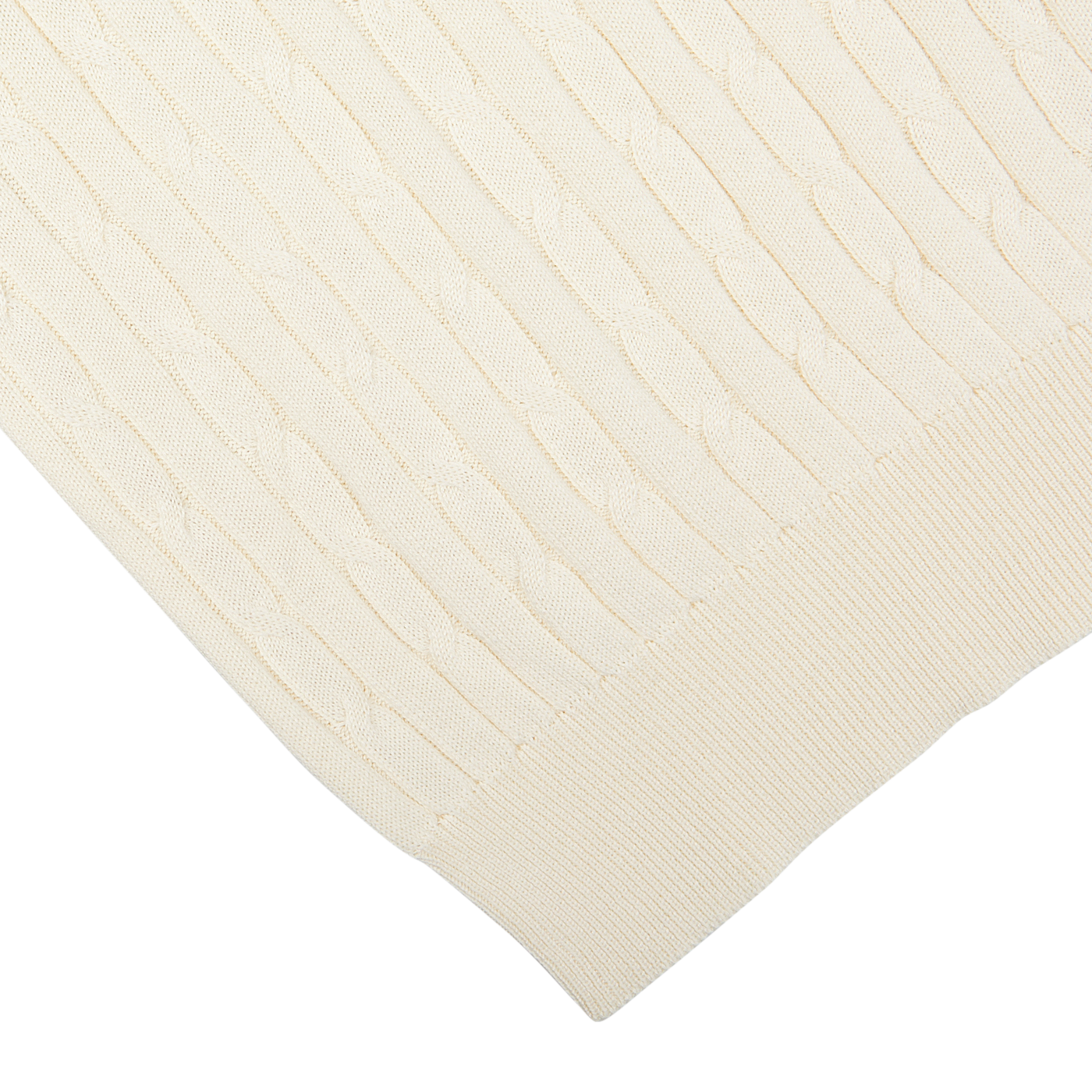 Close-up of a Cream Cotton Silk Cable Knit 1/4 Zip Sweater by Maurizio Baldassari with ribbed and wavy patterns.