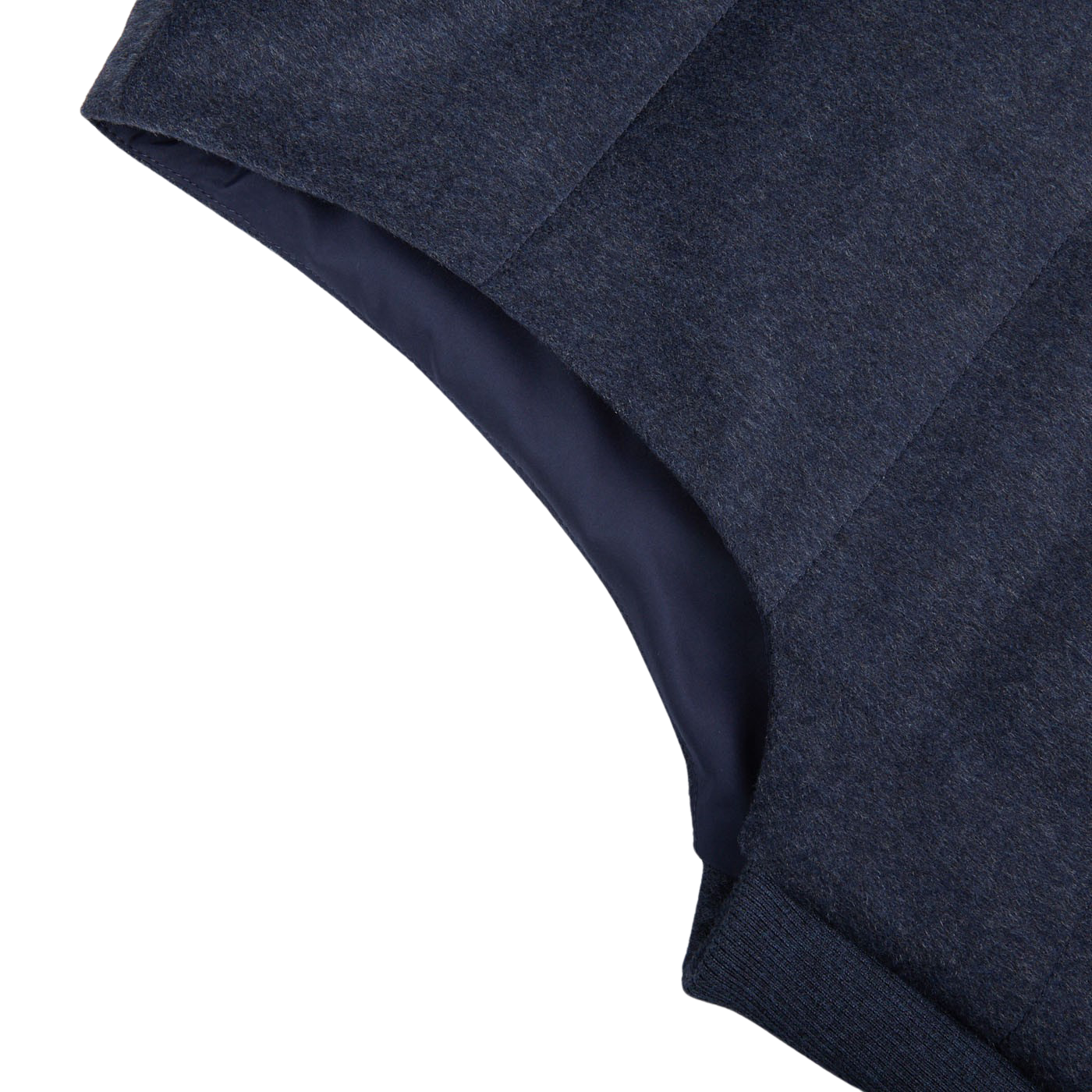 A close up of a Maurizio Baldassari Denim Blue Water Repellent Pure Cashmere Gilet.