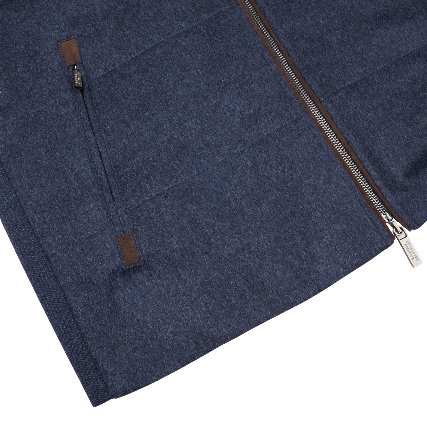 A Maurizio Baldassari Denim Blue Water Repellent Pure Cashmere Gilet with brown zippers.
