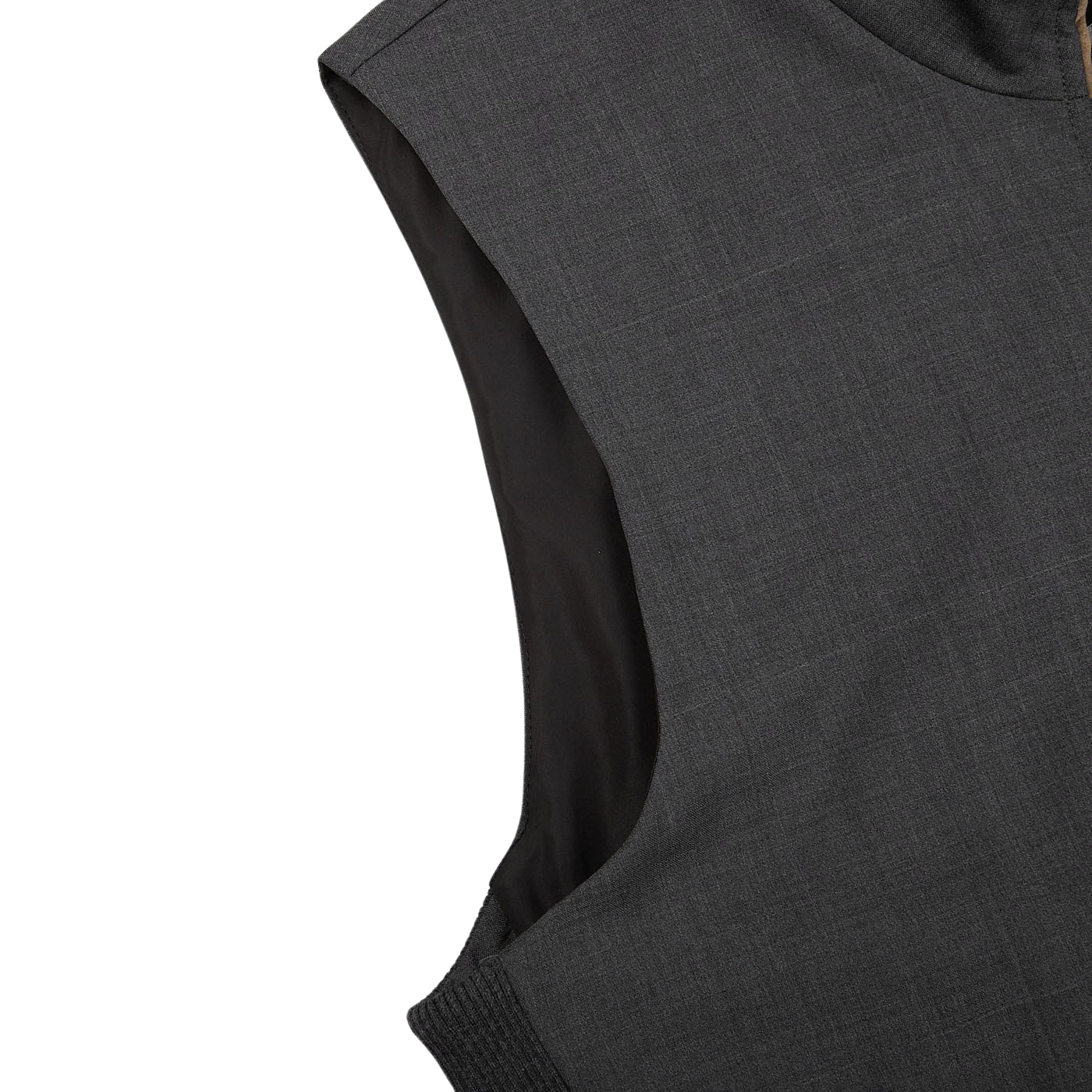 A Charcoal Grey Merino Wool Travel Gilet by Maurizio Baldassari on a white background.