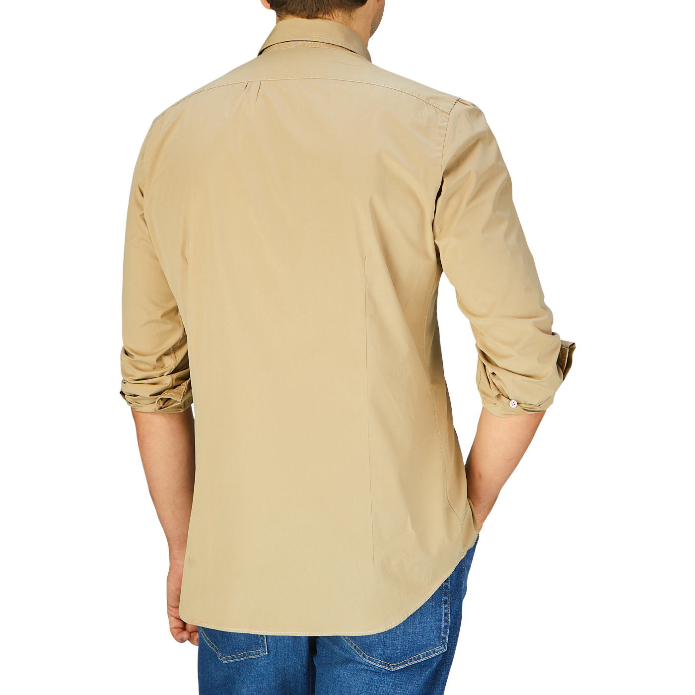 Man standing with his back facing the camera, wearing a Mazzarelli Khaki Beige Cotton Gabardine Regular Fit Shirt and blue jeans.