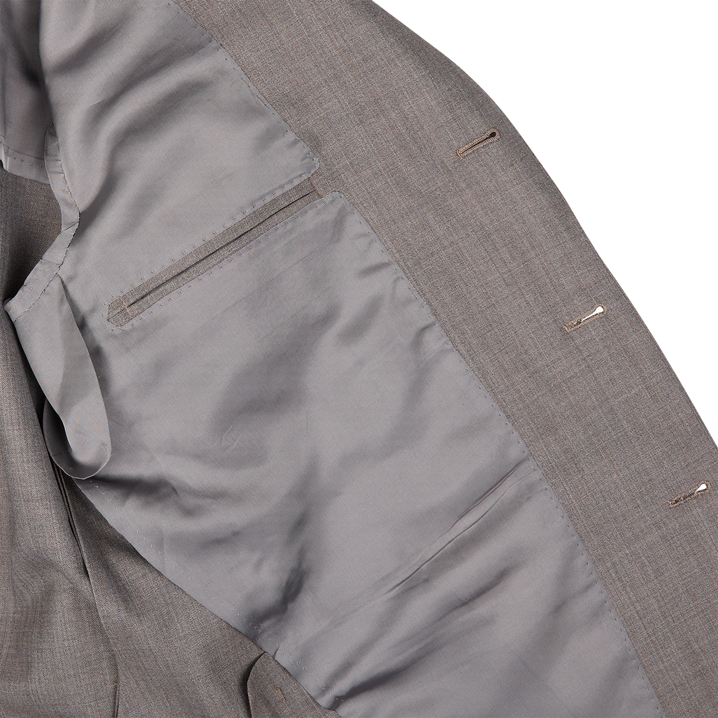 Close-up of a Ring Jacket mid gray high-twist wool suit jacket with visible pocket and seam details.