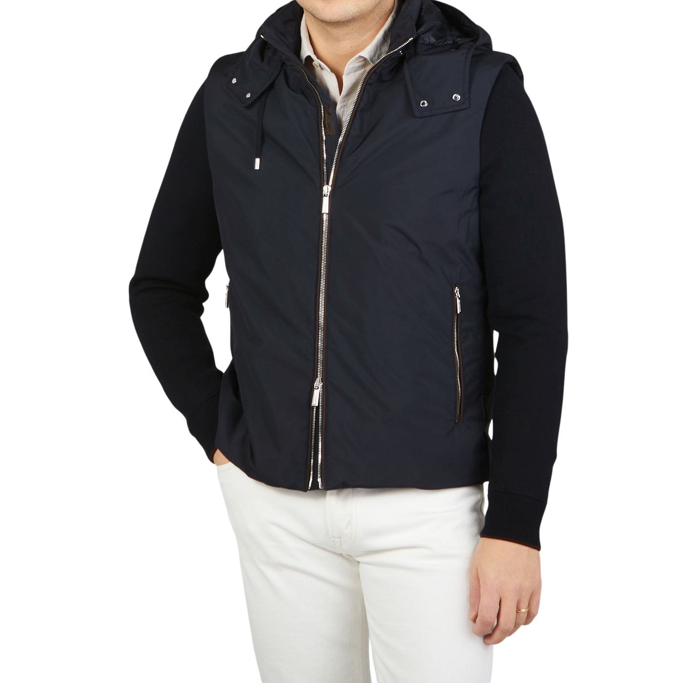 Moorer Navy Blue Down Padded Knitted Sleeve Bomber Feature
