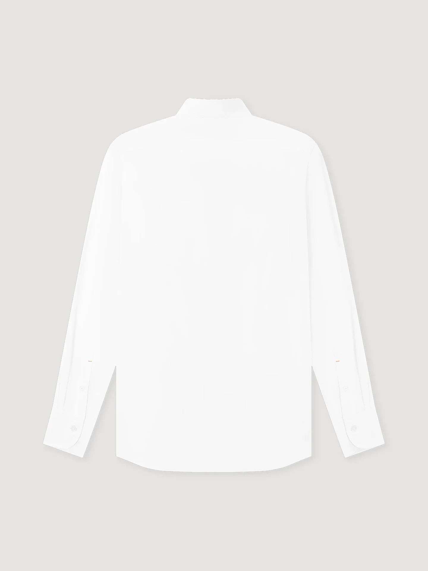 The Coconut Residence White Poplin Mandarin Collar Shirt, made from 100% cotton, is shown from the back against a light gray background. It features long sleeves and buttoned cuffs with a clean, minimal design and no visible branding. , available at Richard Gelding Mayfair