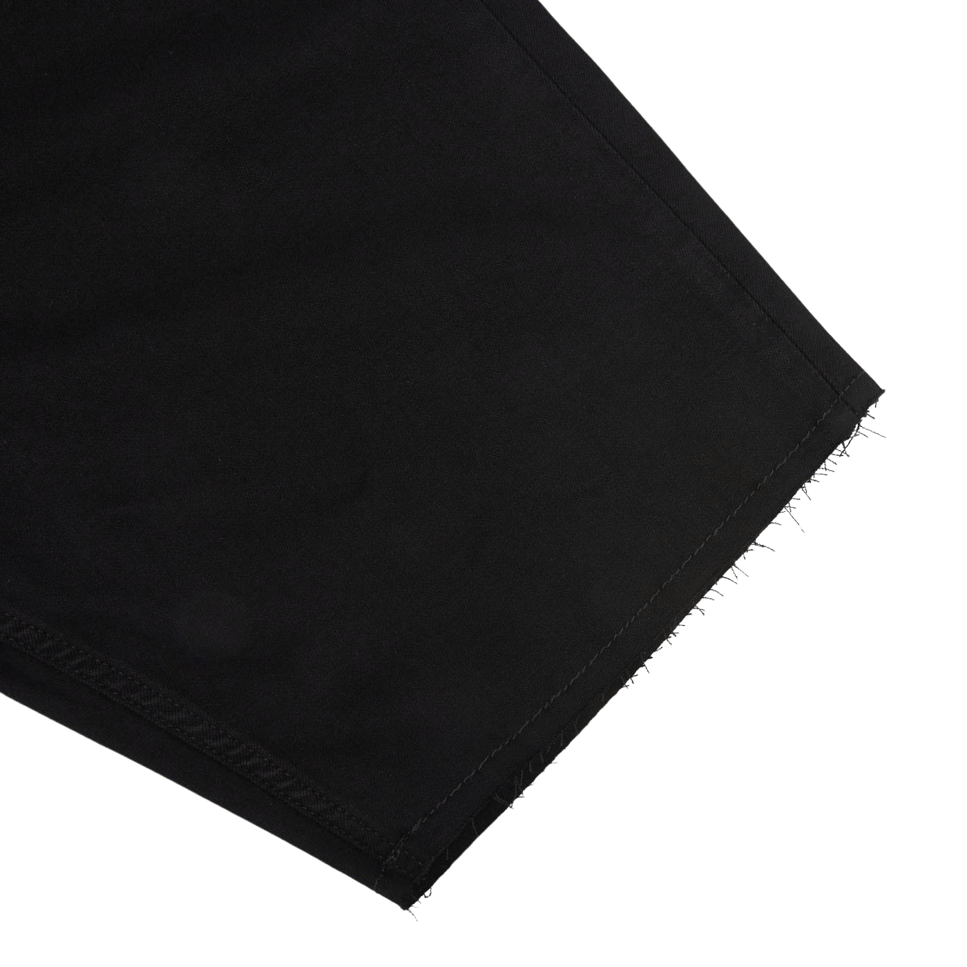 Close-up of a contemporary black Paige Black Shadow Cotton Stretch Federal shorts edge with unfinished, frayed hem in Transcend fabric.