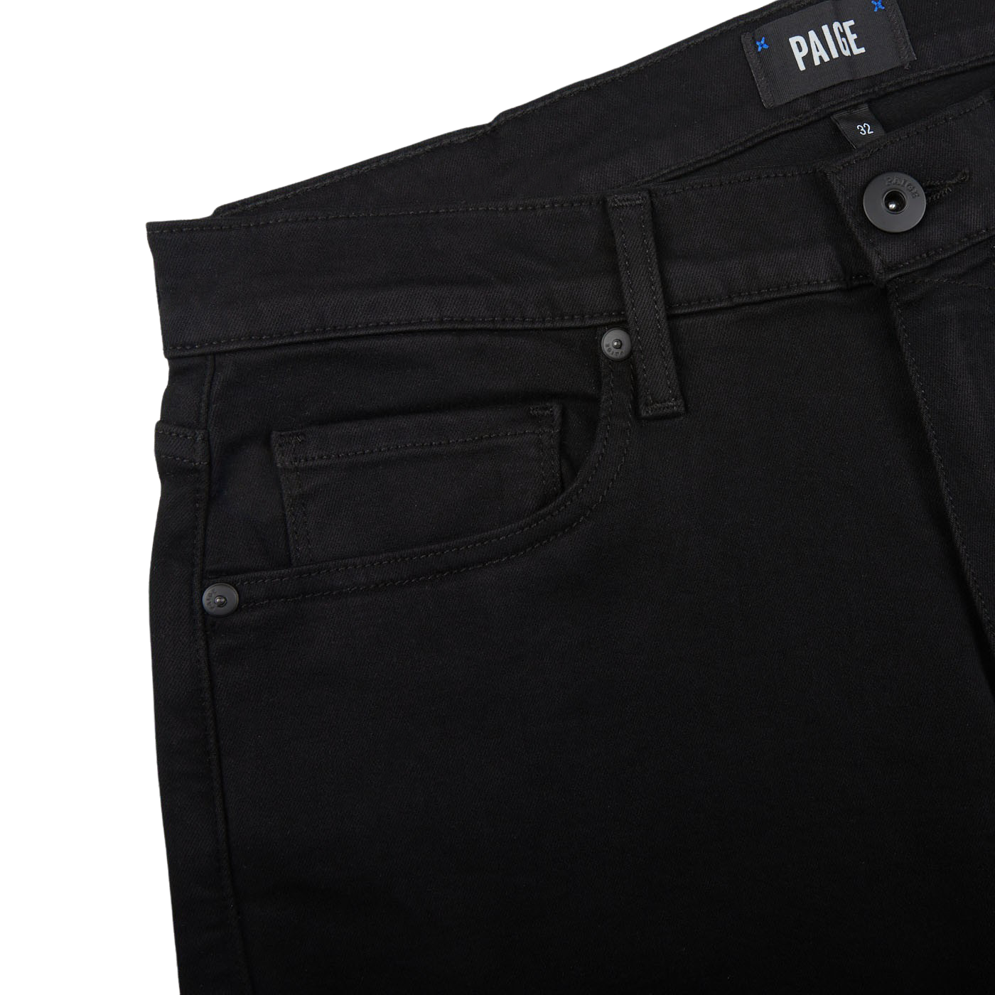 Close-up of black Paige Federal shorts with a focus on the pocket detailing and brand label, crafted from contemporary comfortable transcend fabric.