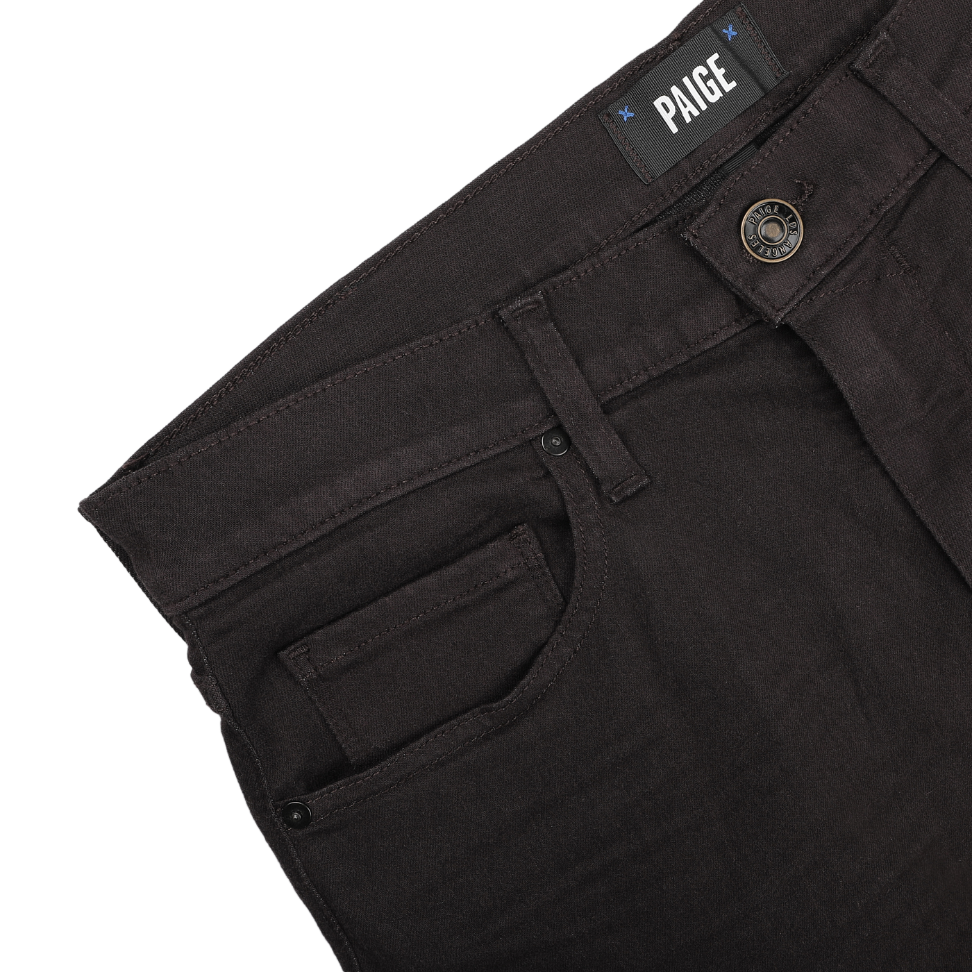 The Brown Cotton Transcend Normandie Jeans by Paige showcase a straight leg and regular fit, complete with a noticeable PAIGE label near the waistband and a button closure. Made from Transcend fabric, they offer enhanced comfort.