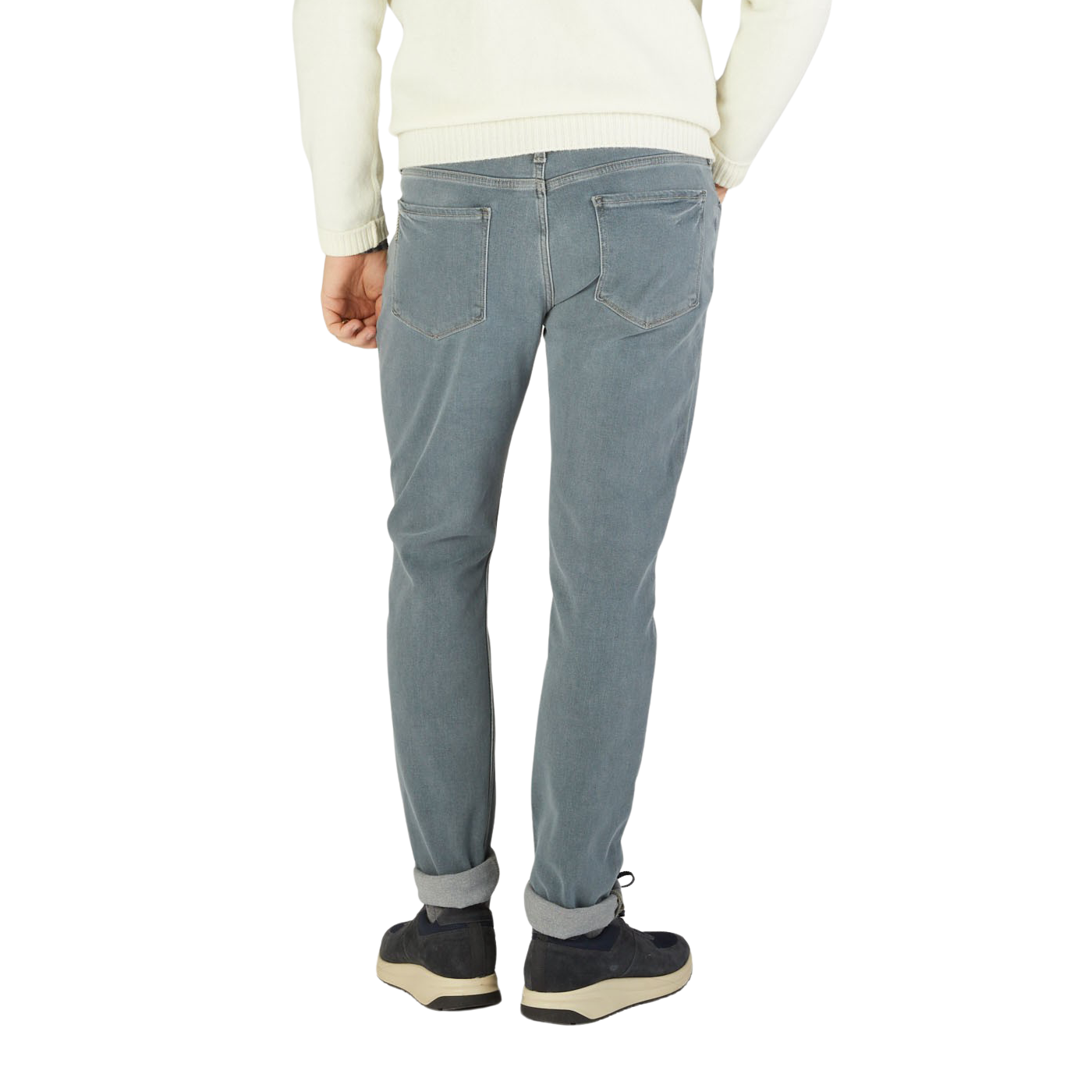 The back view of a man wearing Paige's Grey-Blue Cotton Stretch Lennox Jeans.