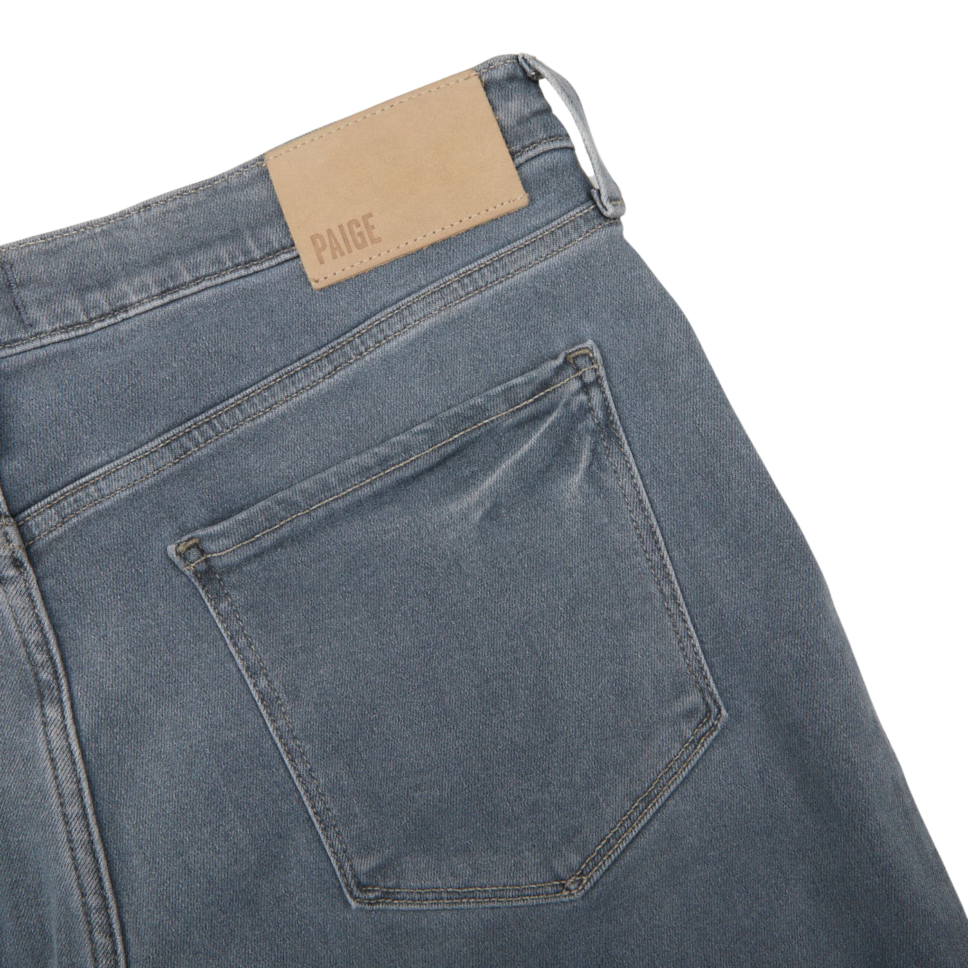 The back pocket of a pair of Paige Grey-Blue Cotton Stretch Lennox Jeans.