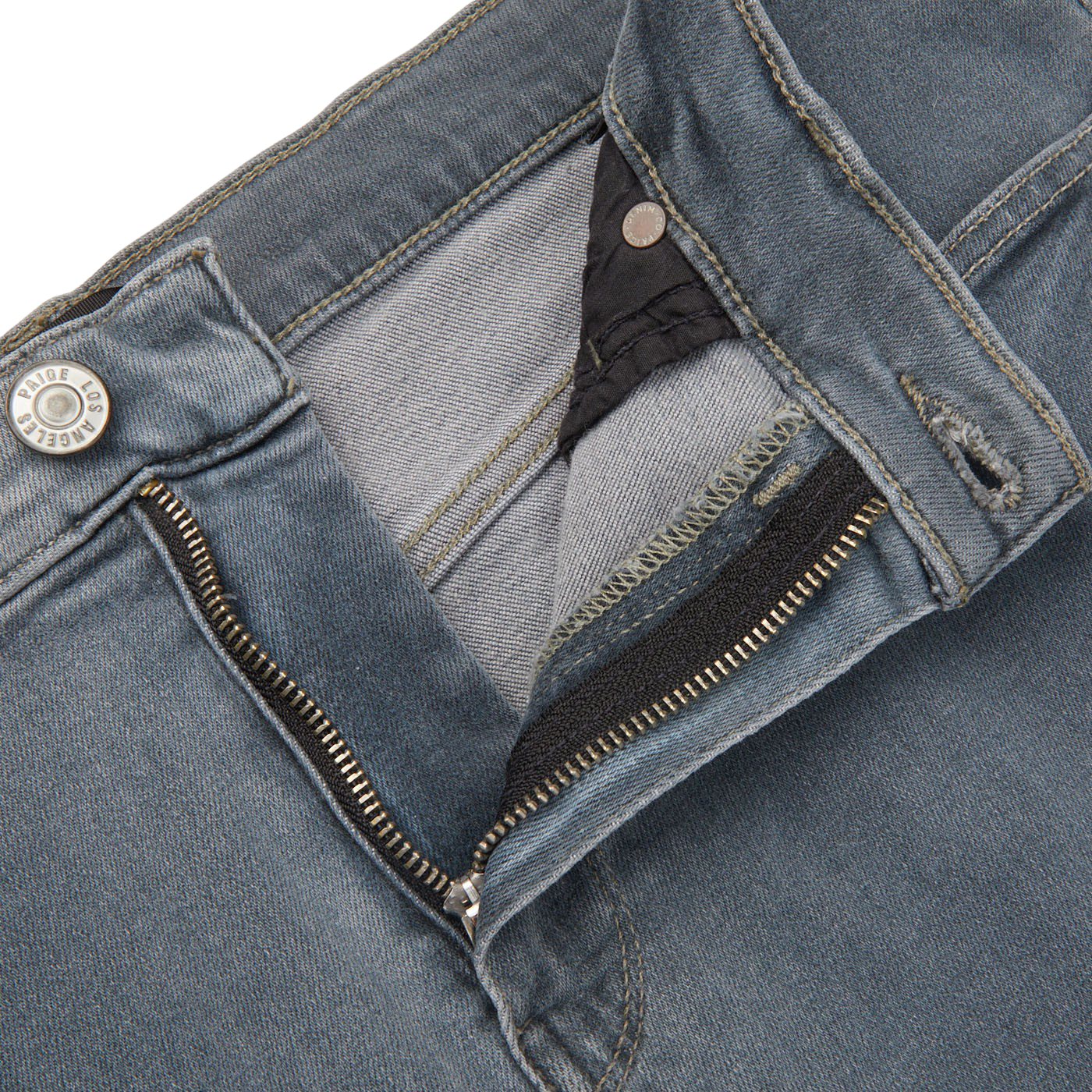A close up of a pair of Paige Grey-Blue Cotton Stretch Lennox jeans with a zippered pocket.