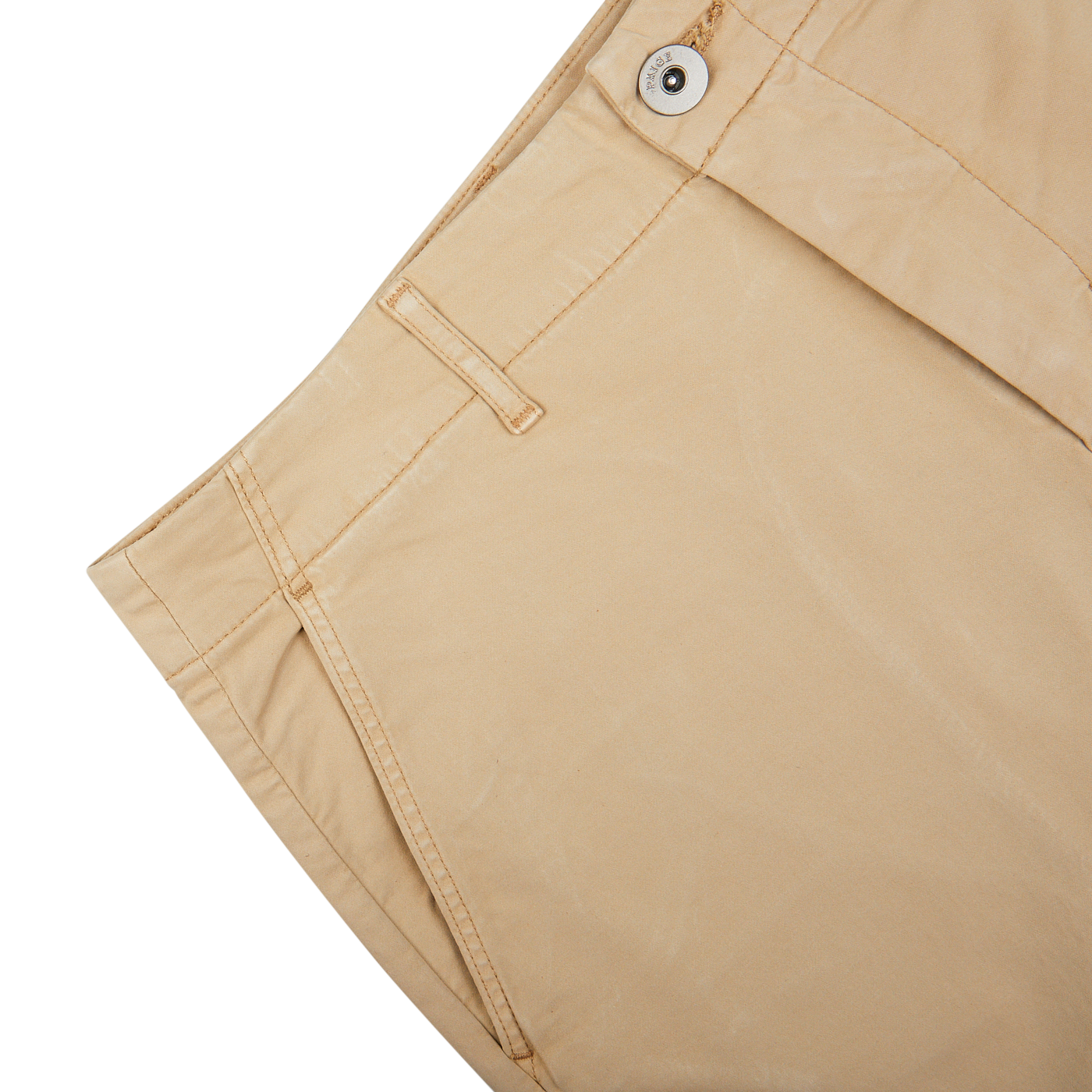 Khaki Beige Cotton Blend Phillips Shorts with a side pocket detail on a white background by Paige.