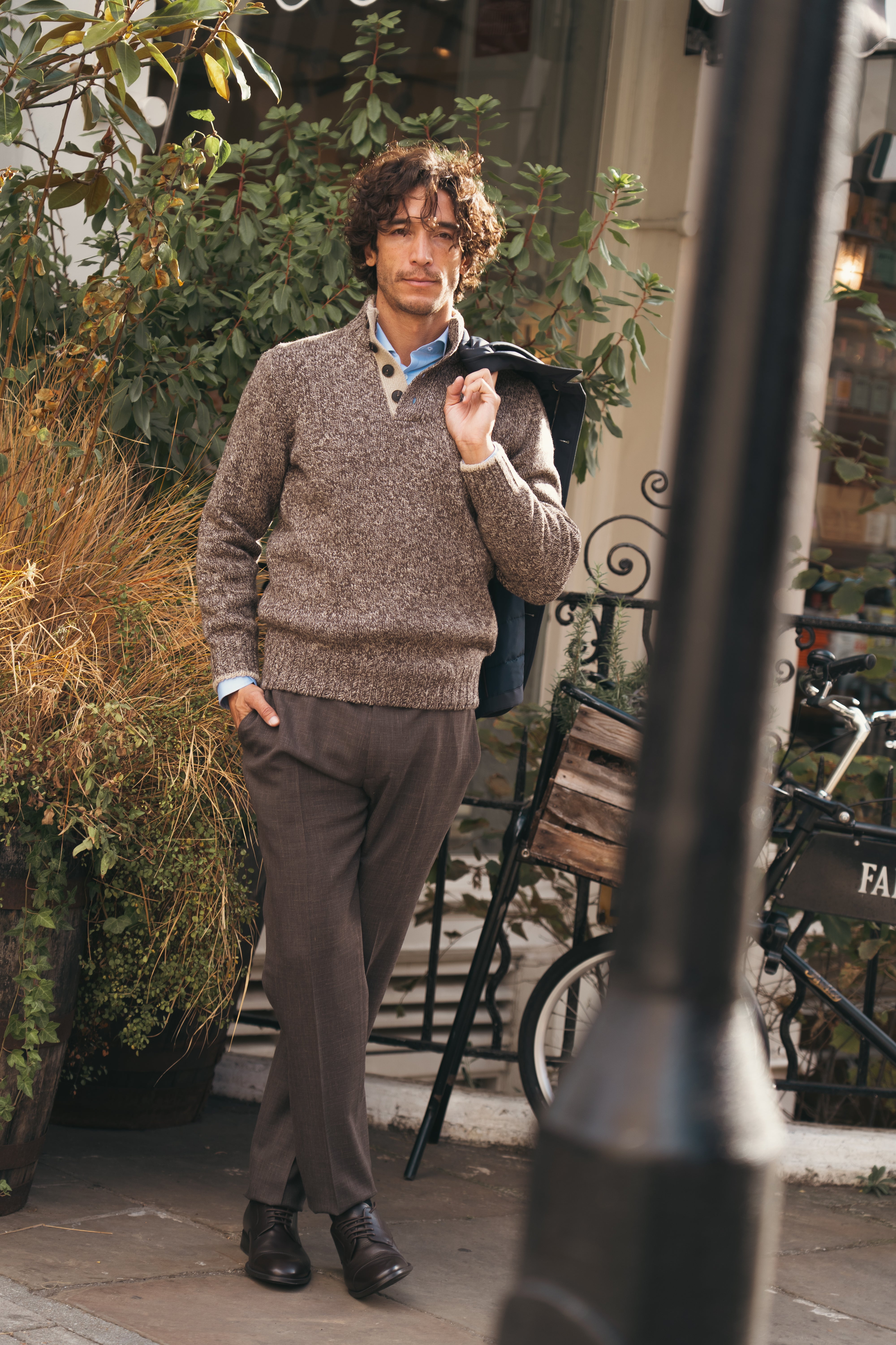 Taupe Beige 5-ply Mouline Wool Button Neck Sweater
