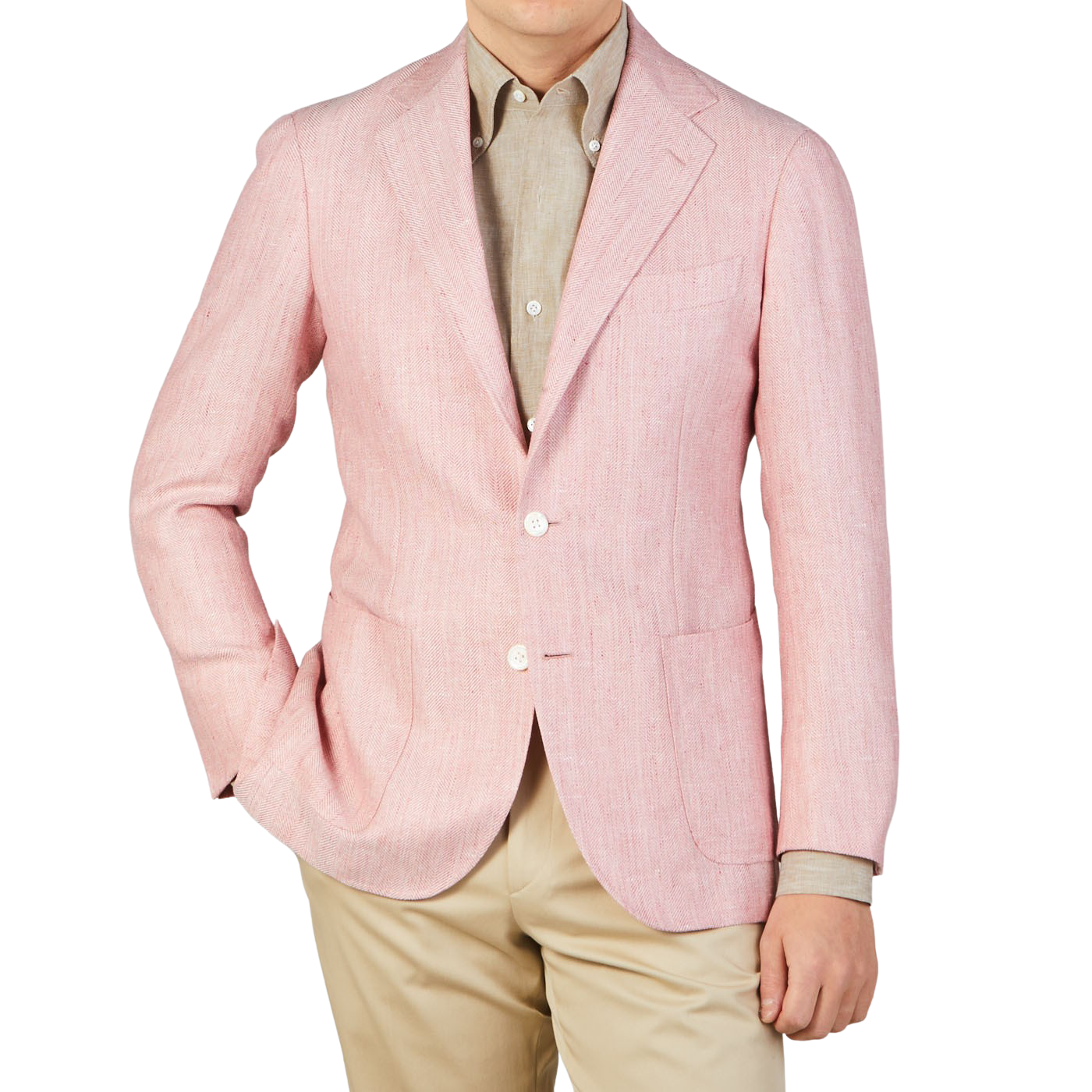 Ring Jacket Pink Herringbone Wool Linen Blazer Front