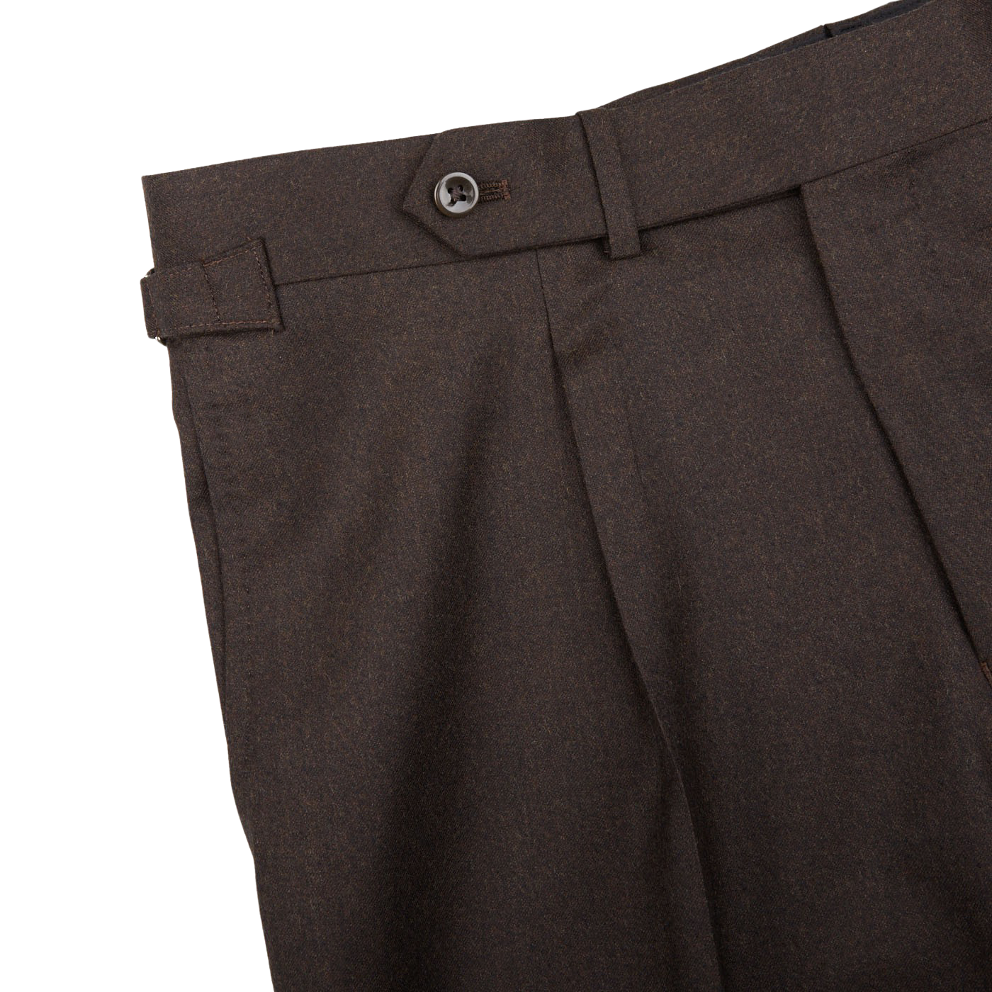 A close up of a Ring Jacket Dark Brown Wool Flannel DB Suit pants made with pure wool flannel.