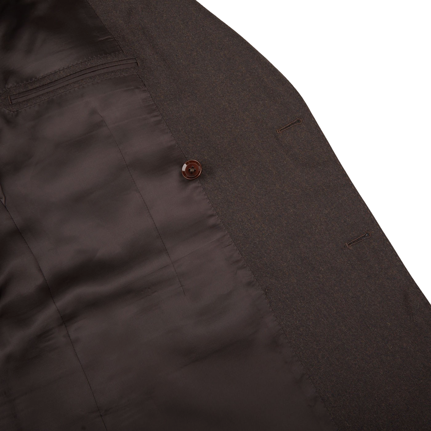 A close up of a Ring Jacket Dark Brown Wool Flannel DB Suit with buttons.