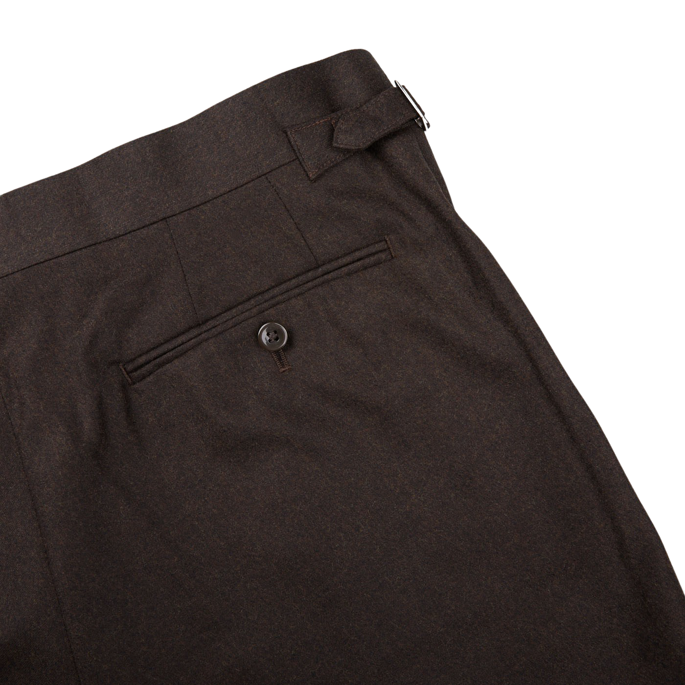 A close up of a full canvas construction Ring Jacket Dark Brown Wool Flannel DB Suit pants.