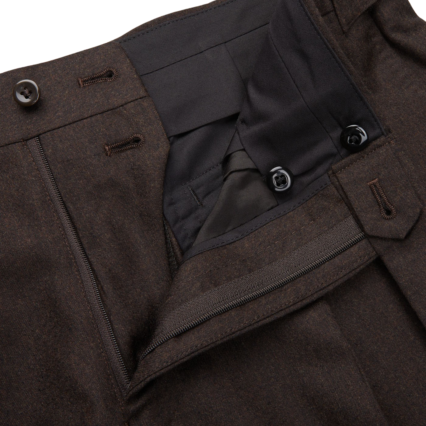 A close up of a Ring Jacket Dark Brown Wool Flannel DB Suit trouser.