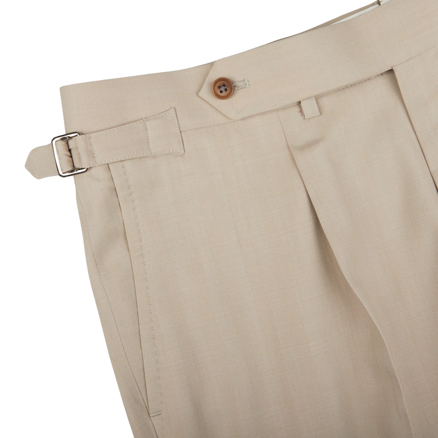 A close up of beige slacks in a Ring Jacket Light Beige Herringbone Wool Suit made of virgin wool.