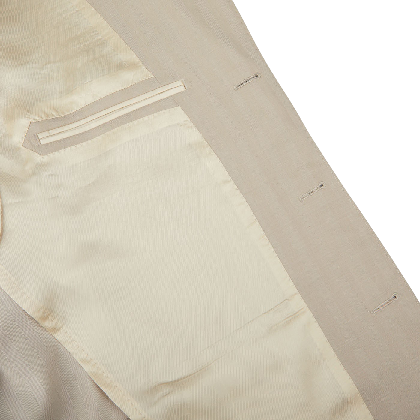 A close up of a Ring Jacket Light Beige Herringbone Wool Suit made of virgin wool.